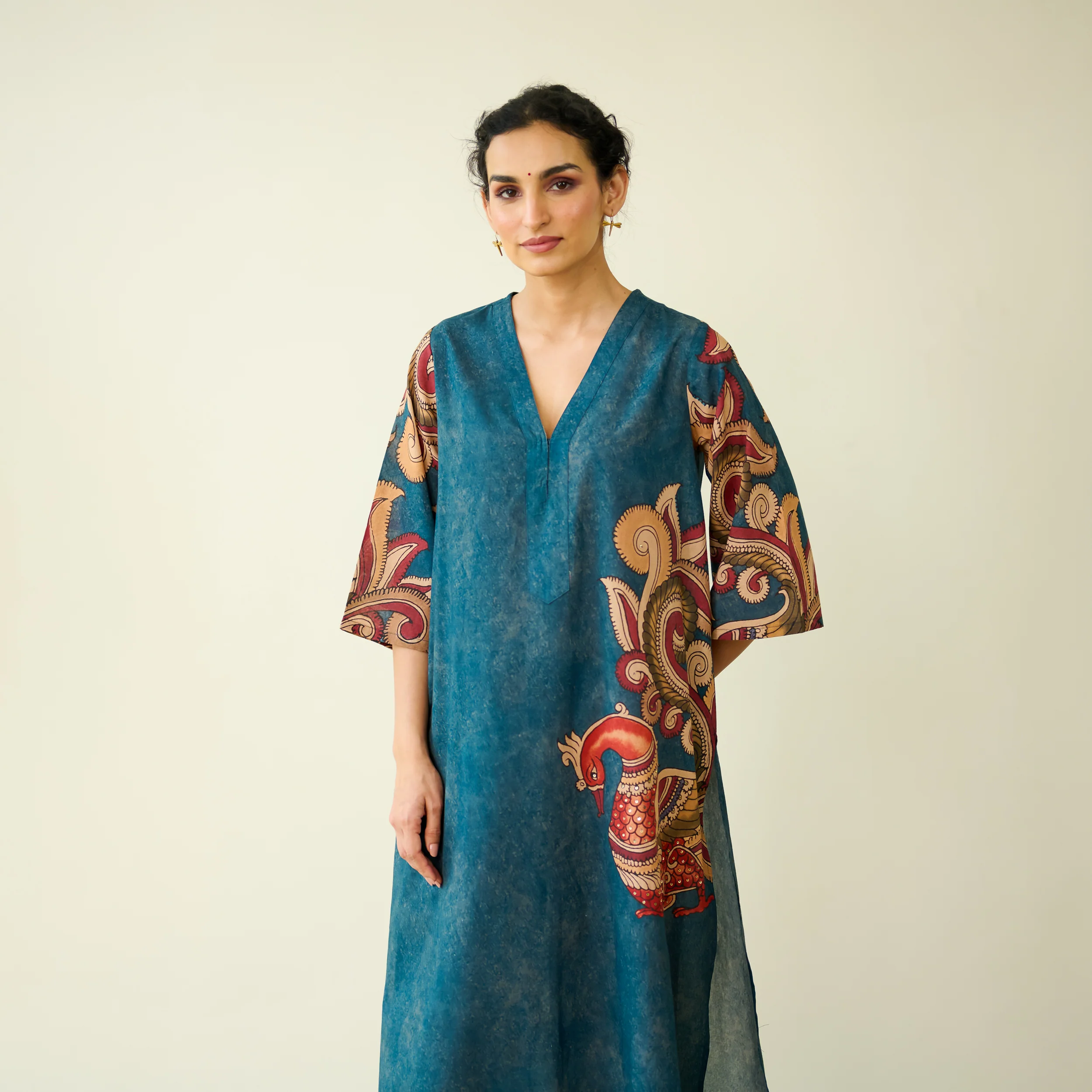 Morni Hand Embroidered Mulmul Cotton Kurta -Peacock Blue - Image 2