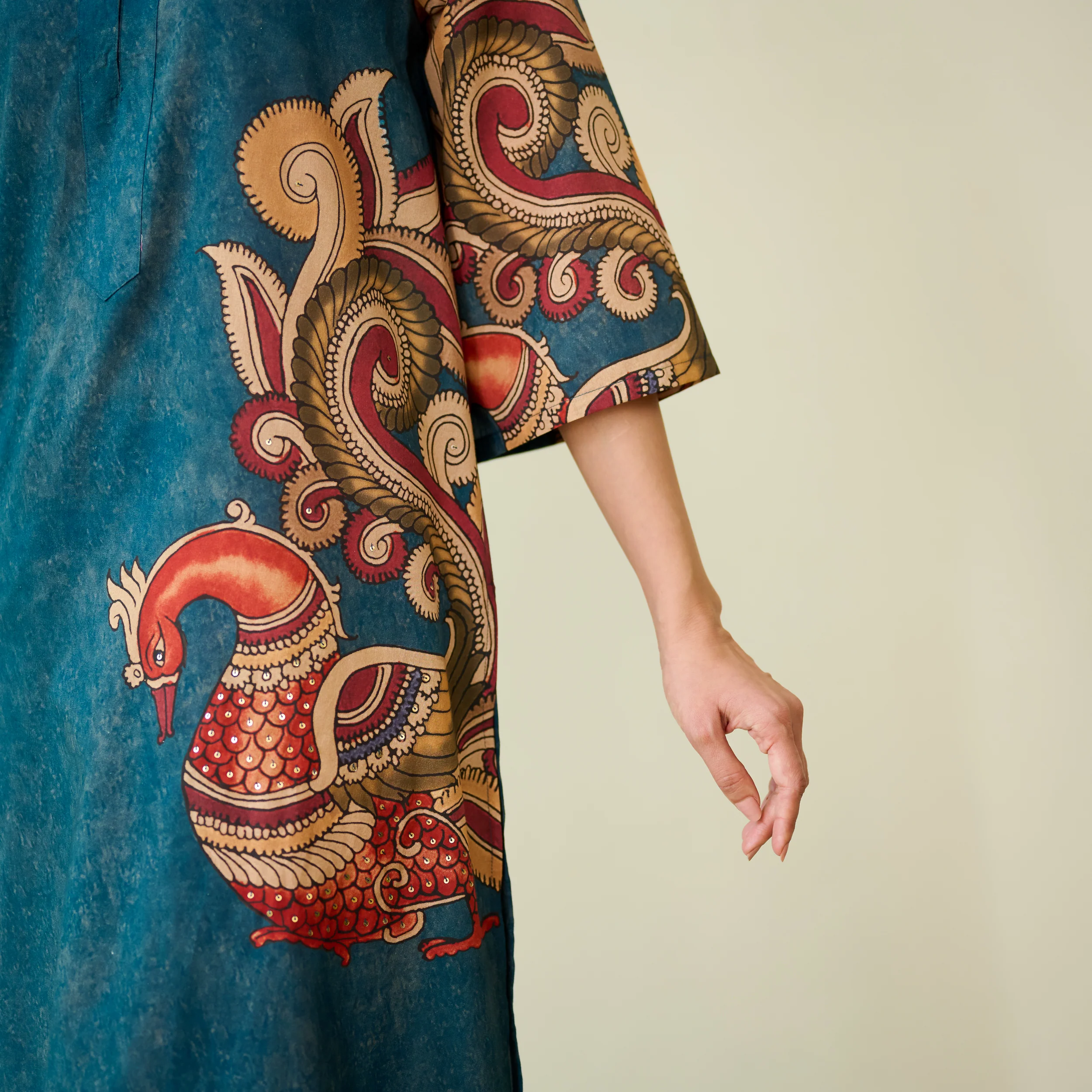 Morni Hand Embroidered Mulmul Cotton Kurta -Peacock Blue - Image 3