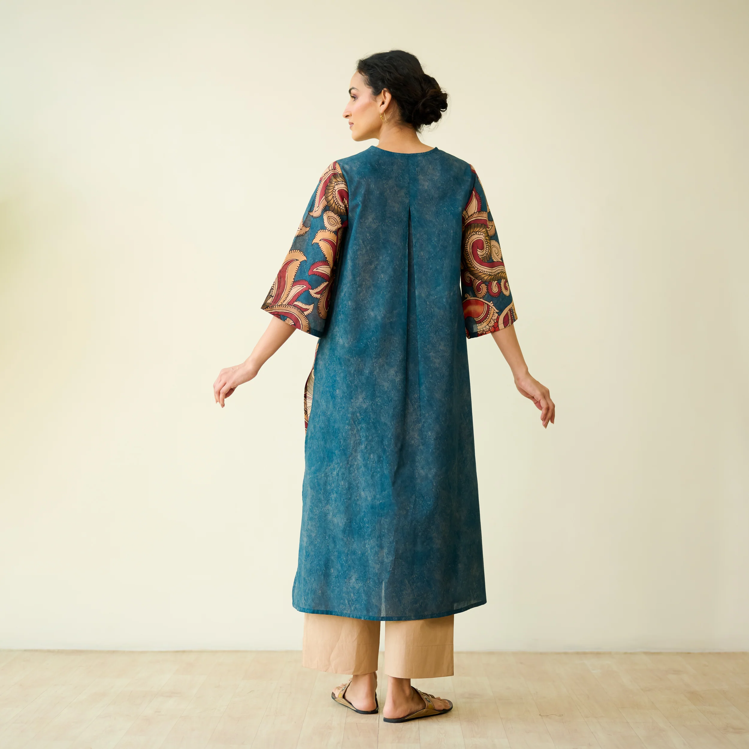 Morni Hand Embroidered Mulmul Cotton Kurta -Peacock Blue - Image 4