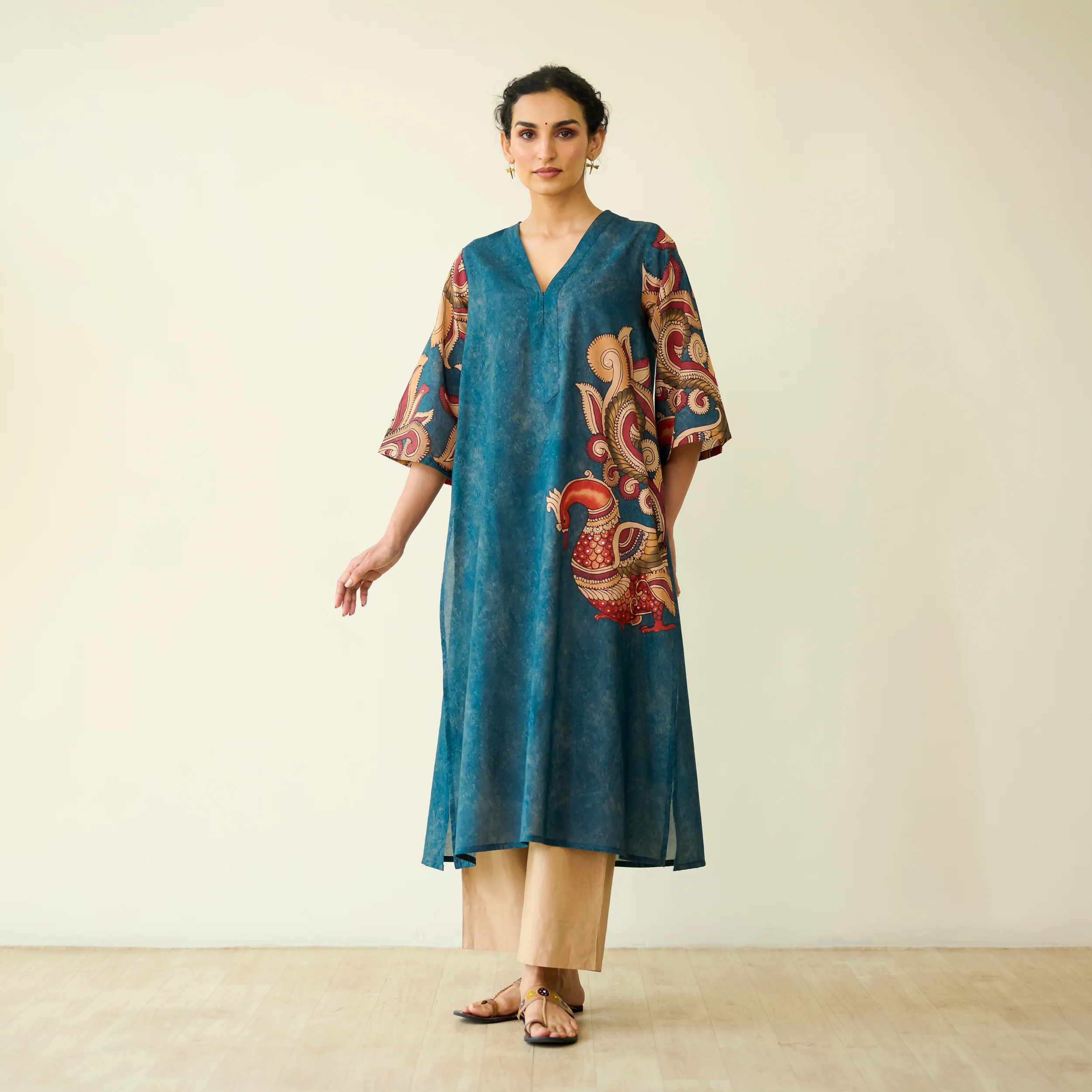 Morni Hand Embroidered Mulmul Cotton Kurta -Peacock Blue - Image 5