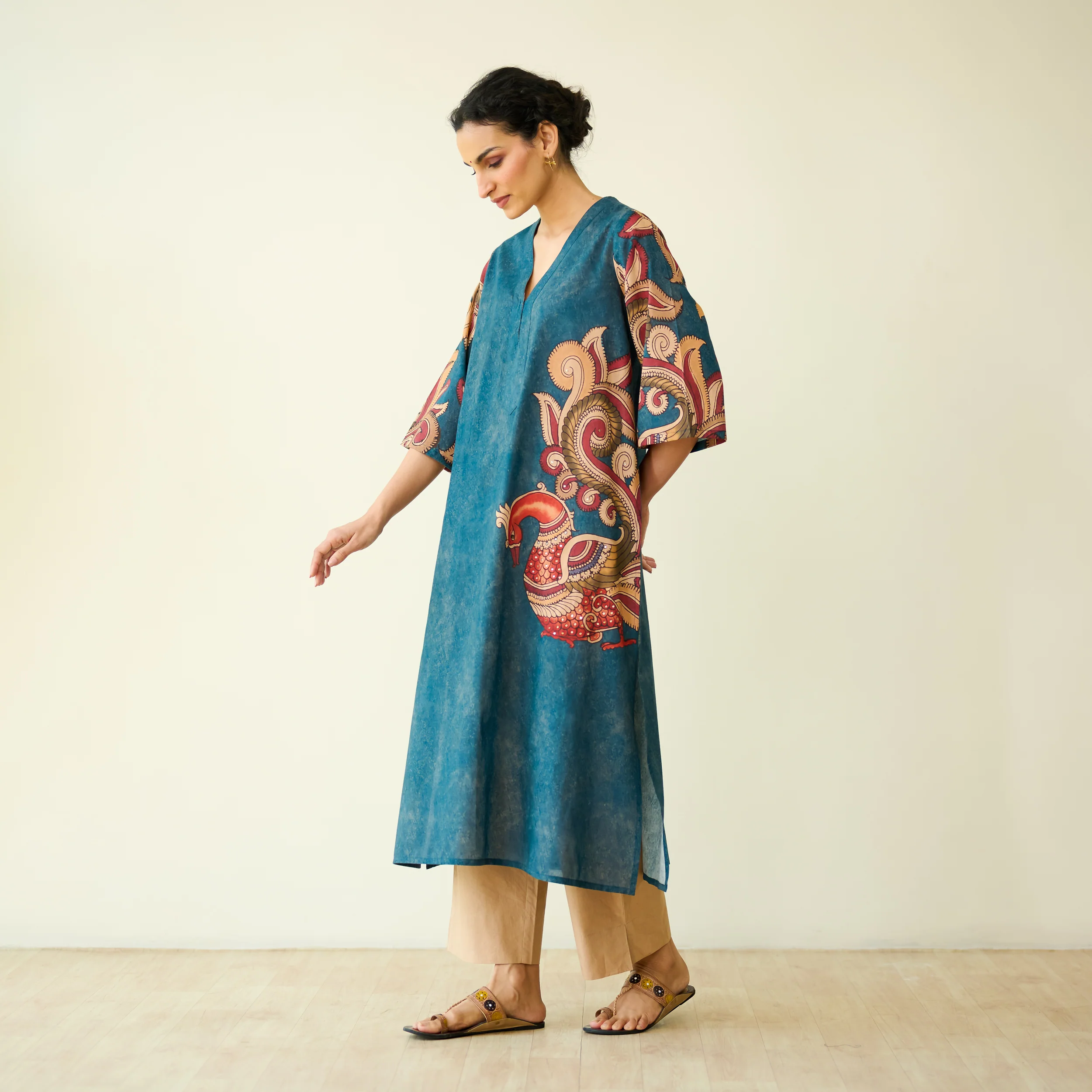 Morni Hand Embroidered Mulmul Cotton Kurta -Peacock Blue - Image 6
