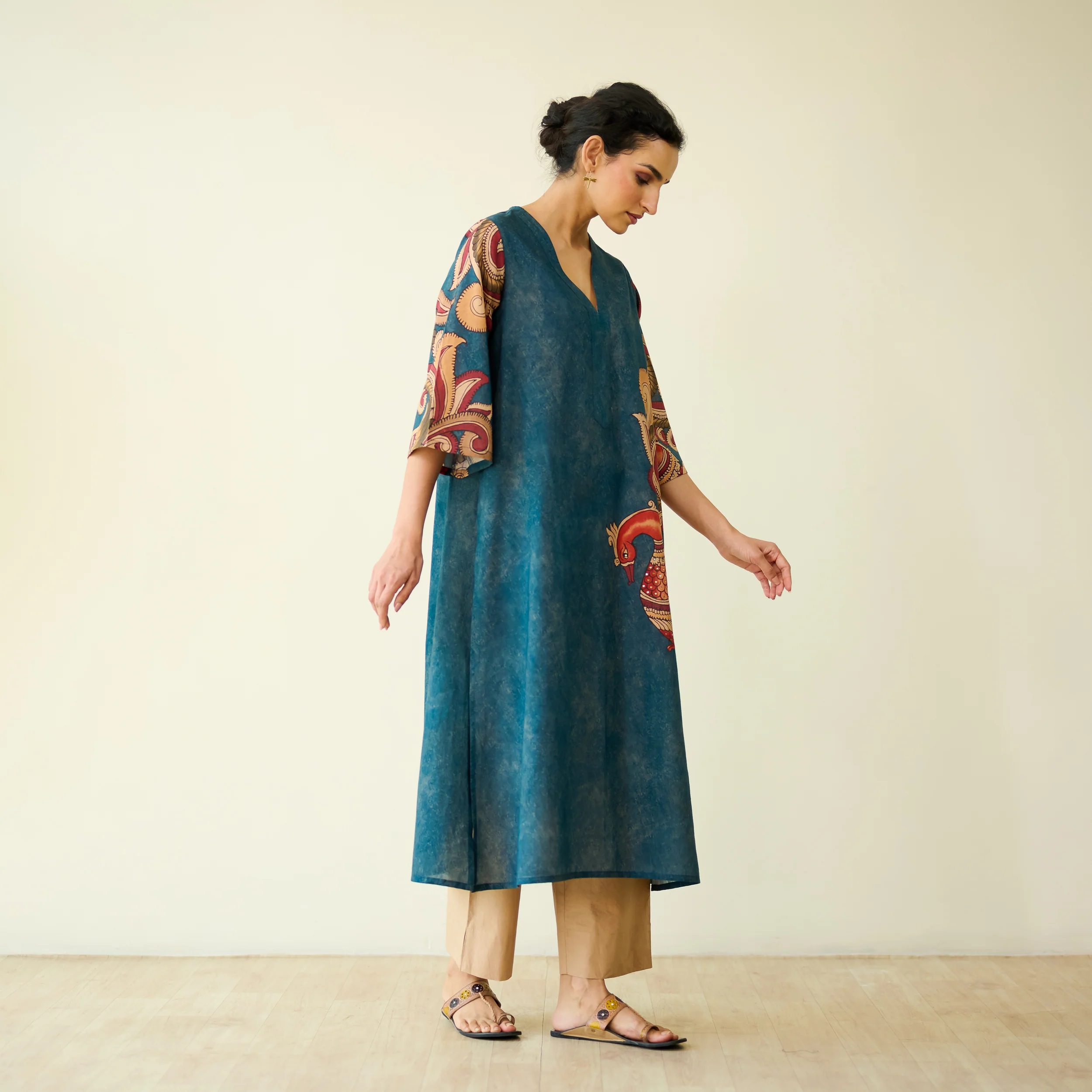 Morni Hand Embroidered Mulmul Cotton Kurta -Peacock Blue - Image 7