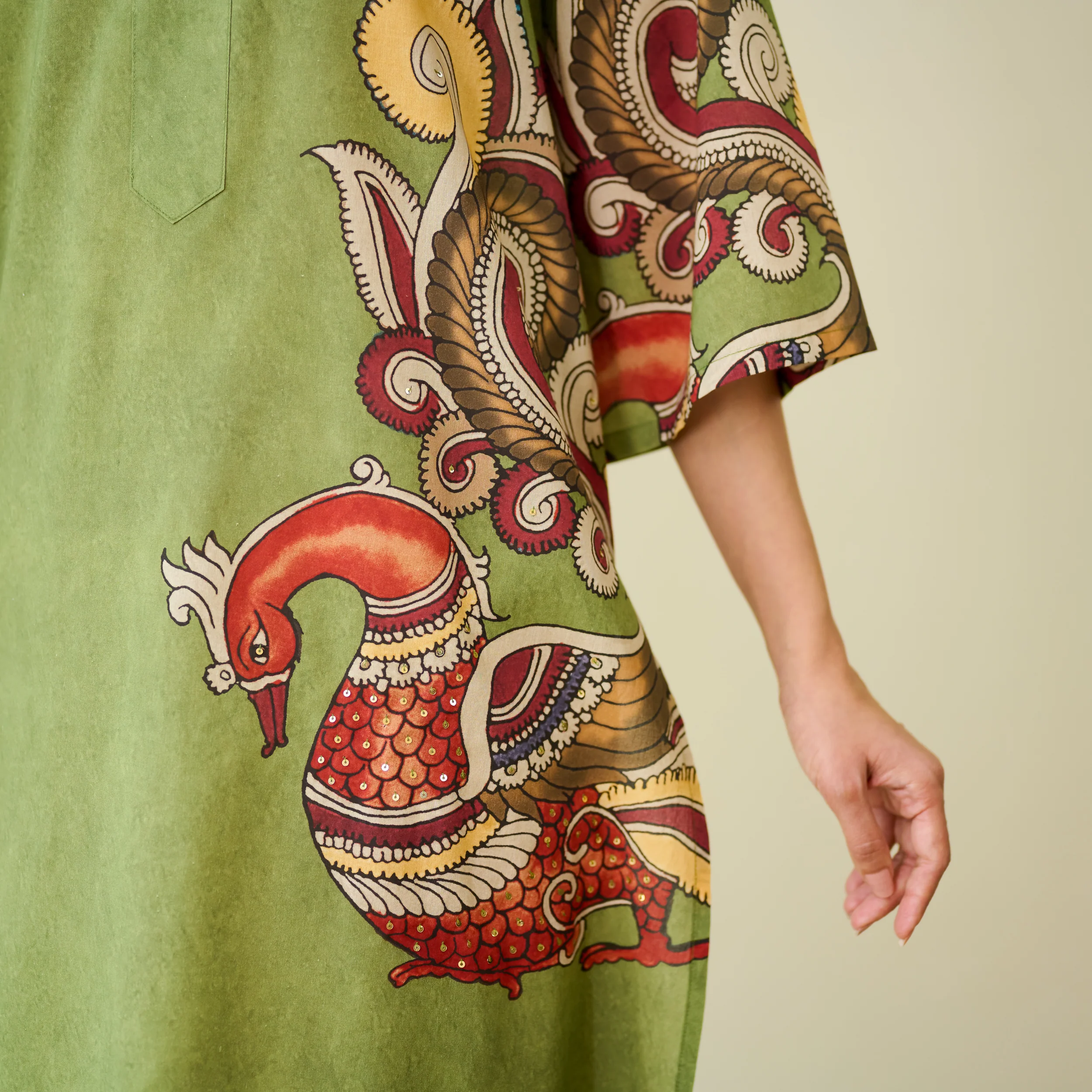 Morni Hand Embroidered Mulmul Cotton Kurta - Sage Green - Image 2