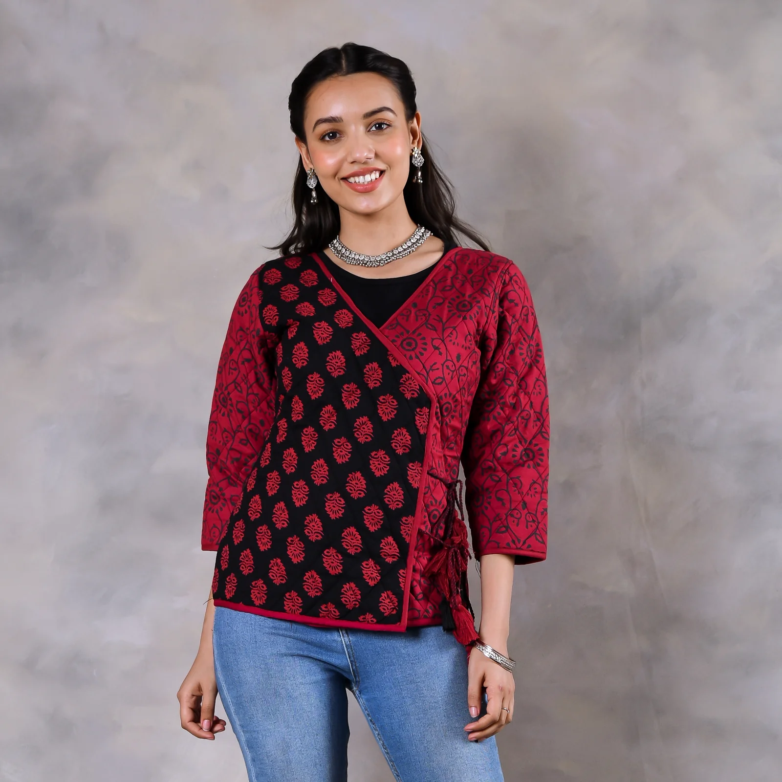 Morning Glory Black & Maroon Quilted Jacket - Image 3