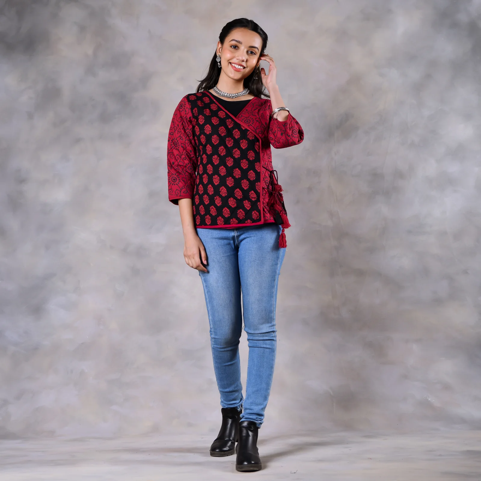 Morning Glory Black & Maroon Quilted Jacket - Image 4