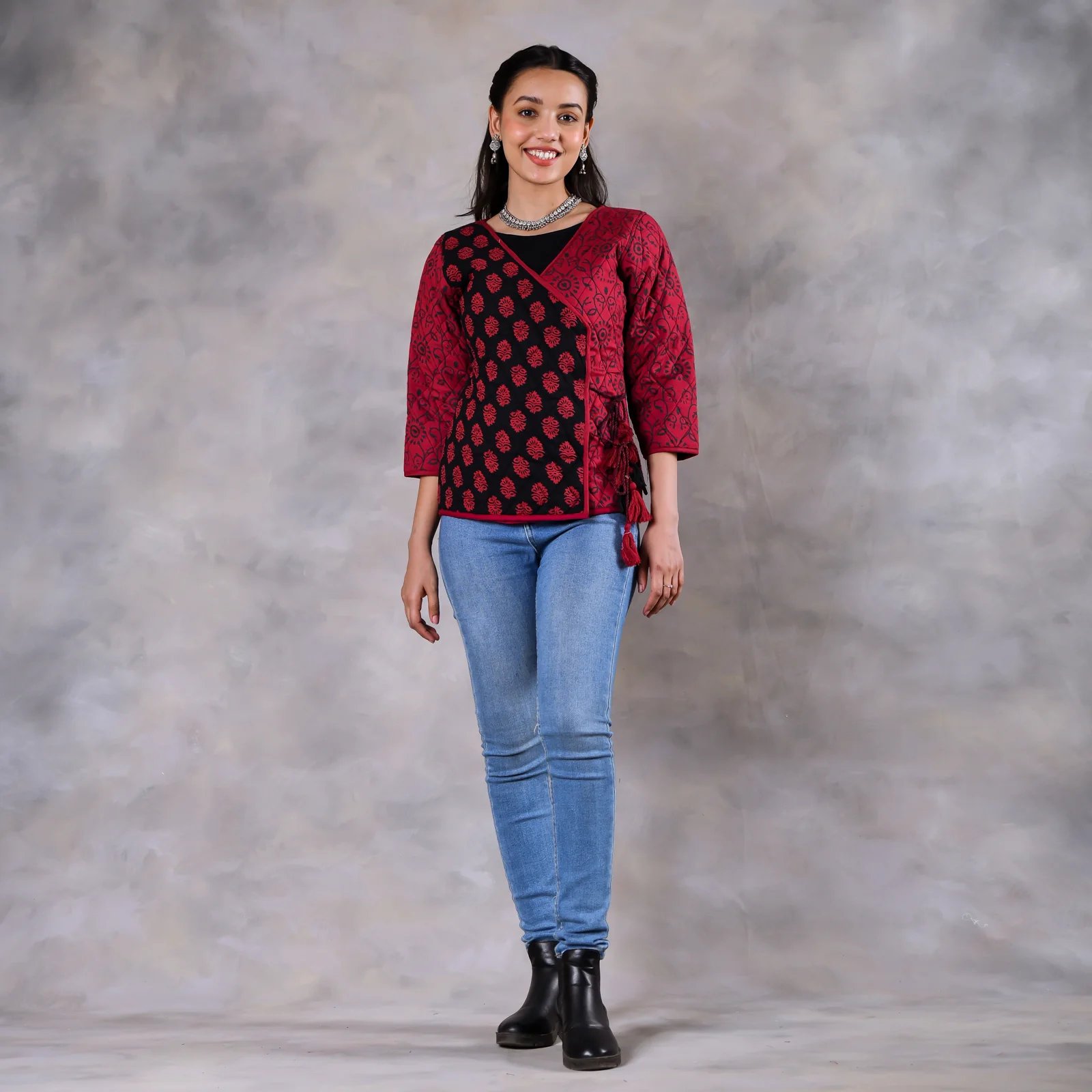 Morning Glory Black & Maroon Quilted Jacket - Image 7
