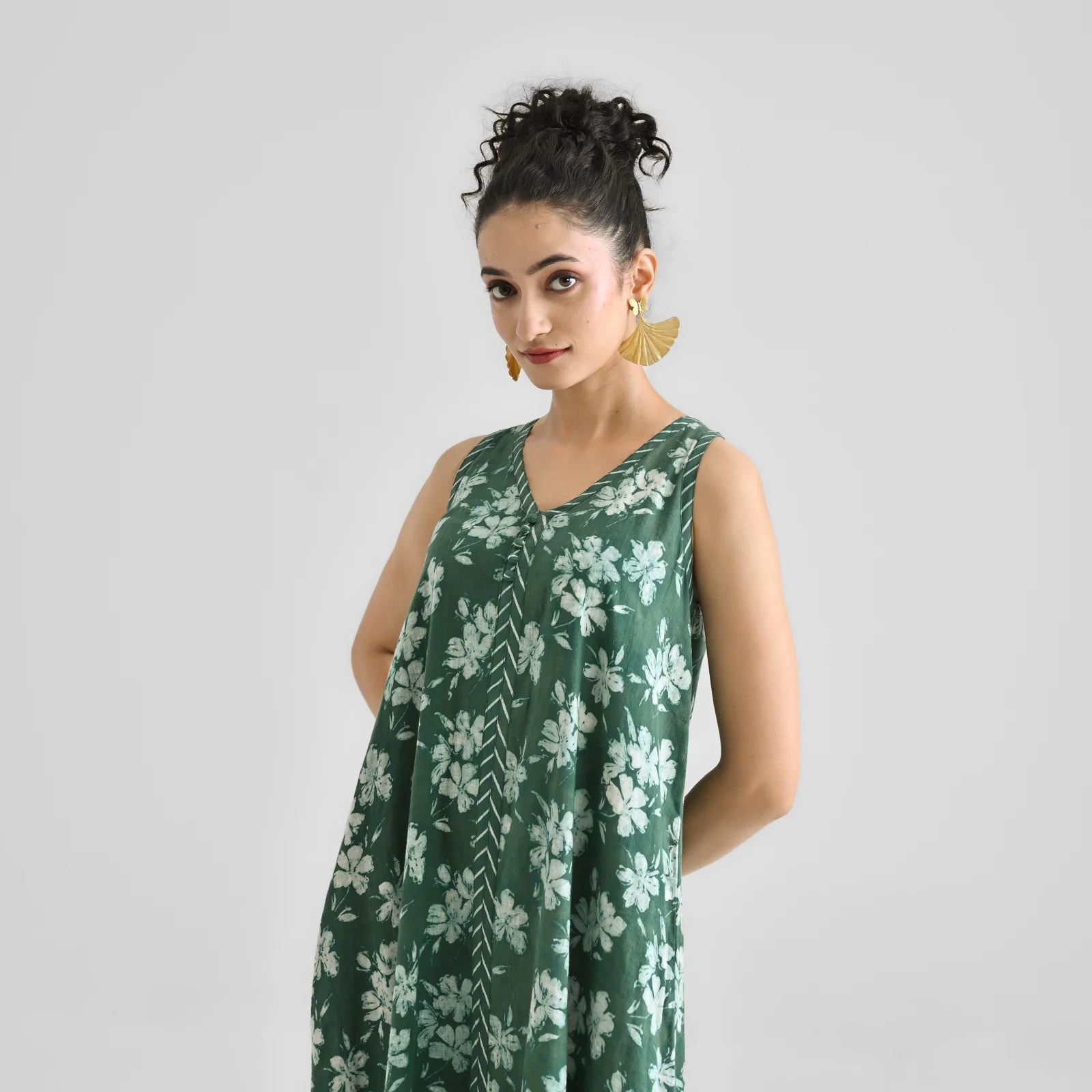 Moss Green Dabu Inspired Floral Sleeveless Dress with Neckline & Centre Front Detail - Image 2