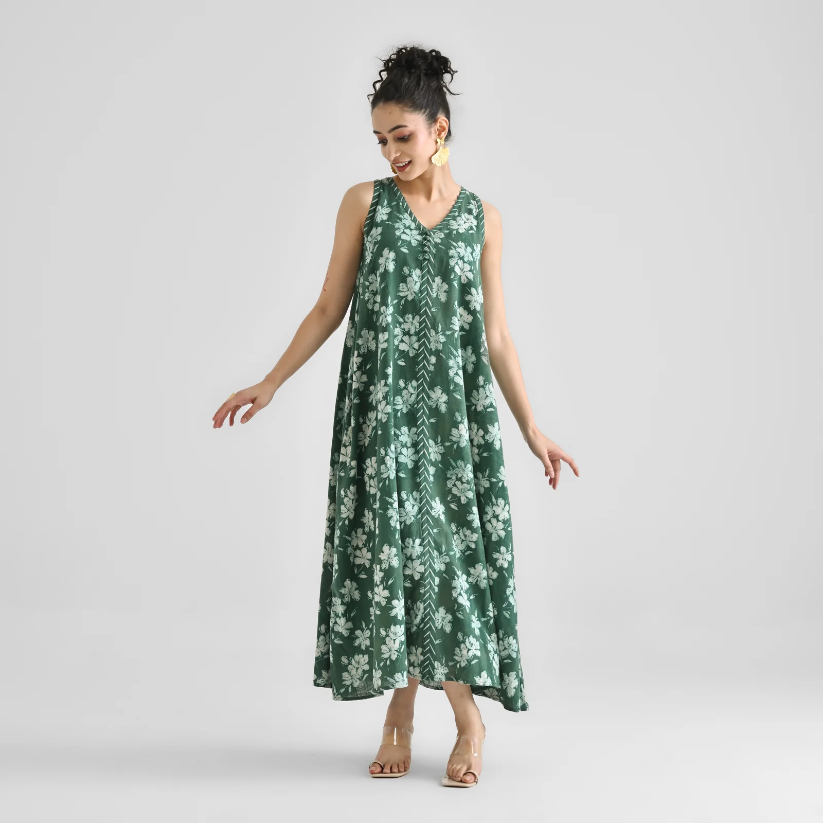 Moss Green Dabu Inspired Floral Sleeveless Dress with Neckline & Centre Front Detail - Image 3