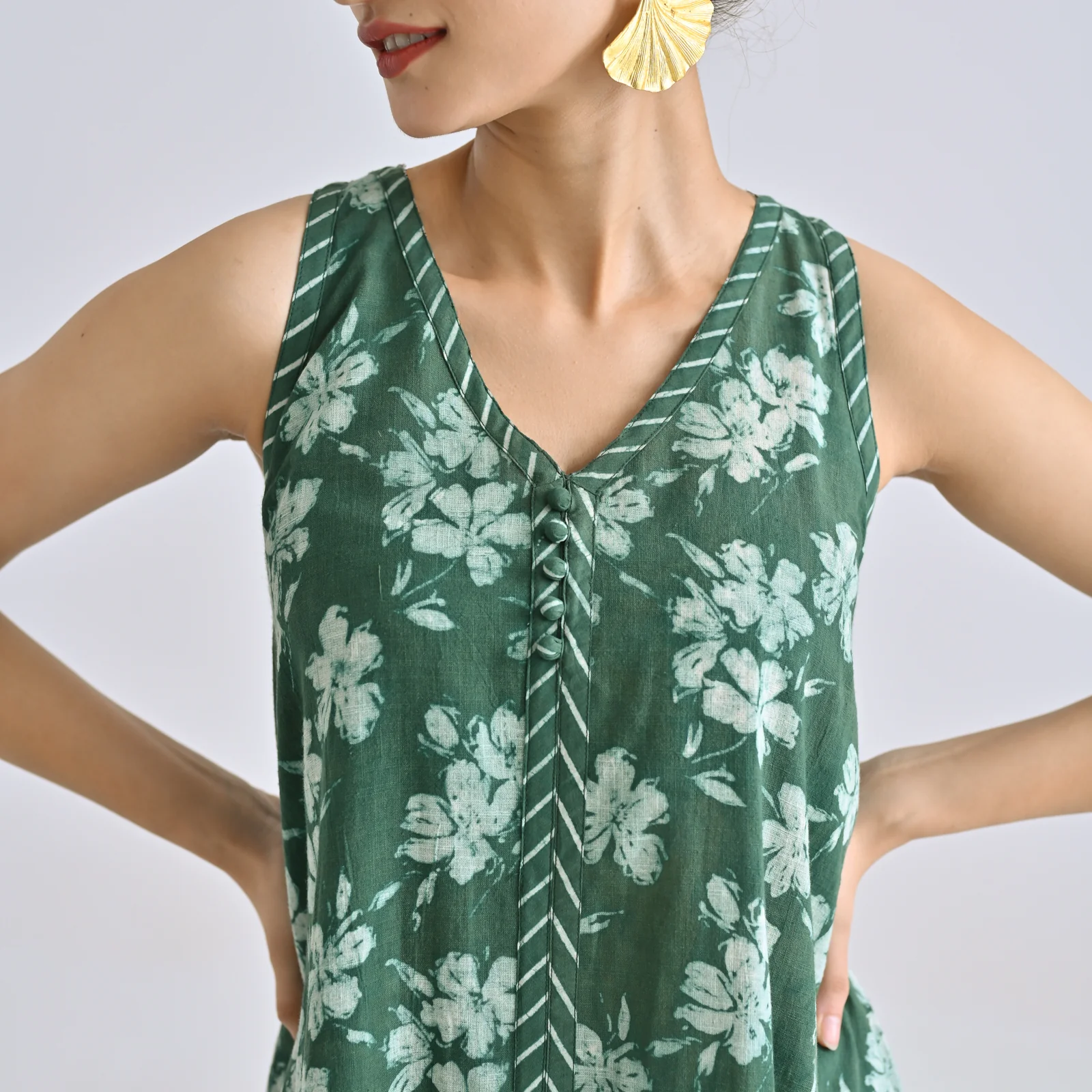 Moss Green Dabu Inspired Floral Sleeveless Dress with Neckline & Centre Front Detail - Image 4