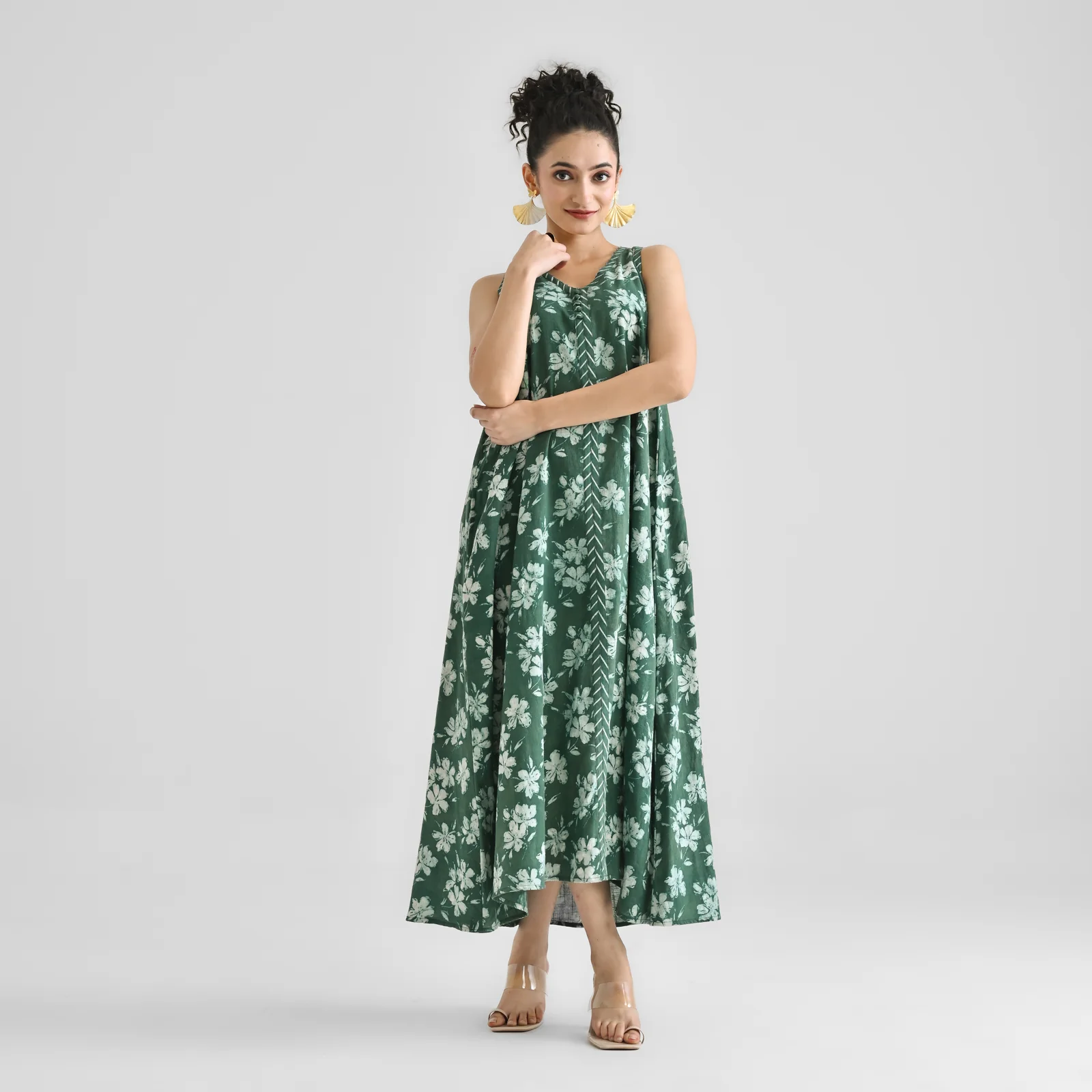 Moss Green Dabu Inspired Floral Sleeveless Dress with Neckline & Centre Front Detail - Image 5