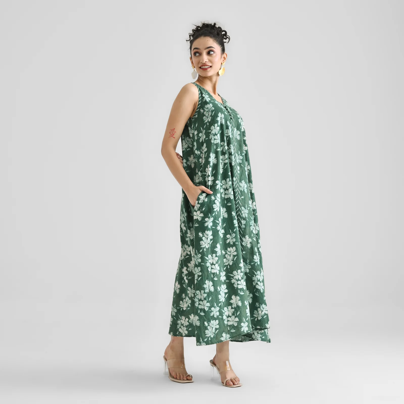 Moss Green Dabu Inspired Floral Sleeveless Dress with Neckline & Centre Front Detail - Image 6