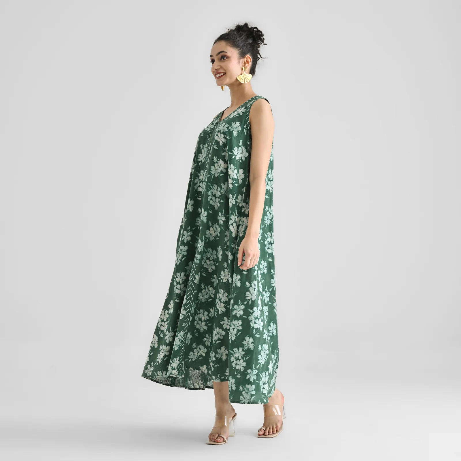 Moss Green Dabu Inspired Floral Sleeveless Dress with Neckline & Centre Front Detail - Image 7