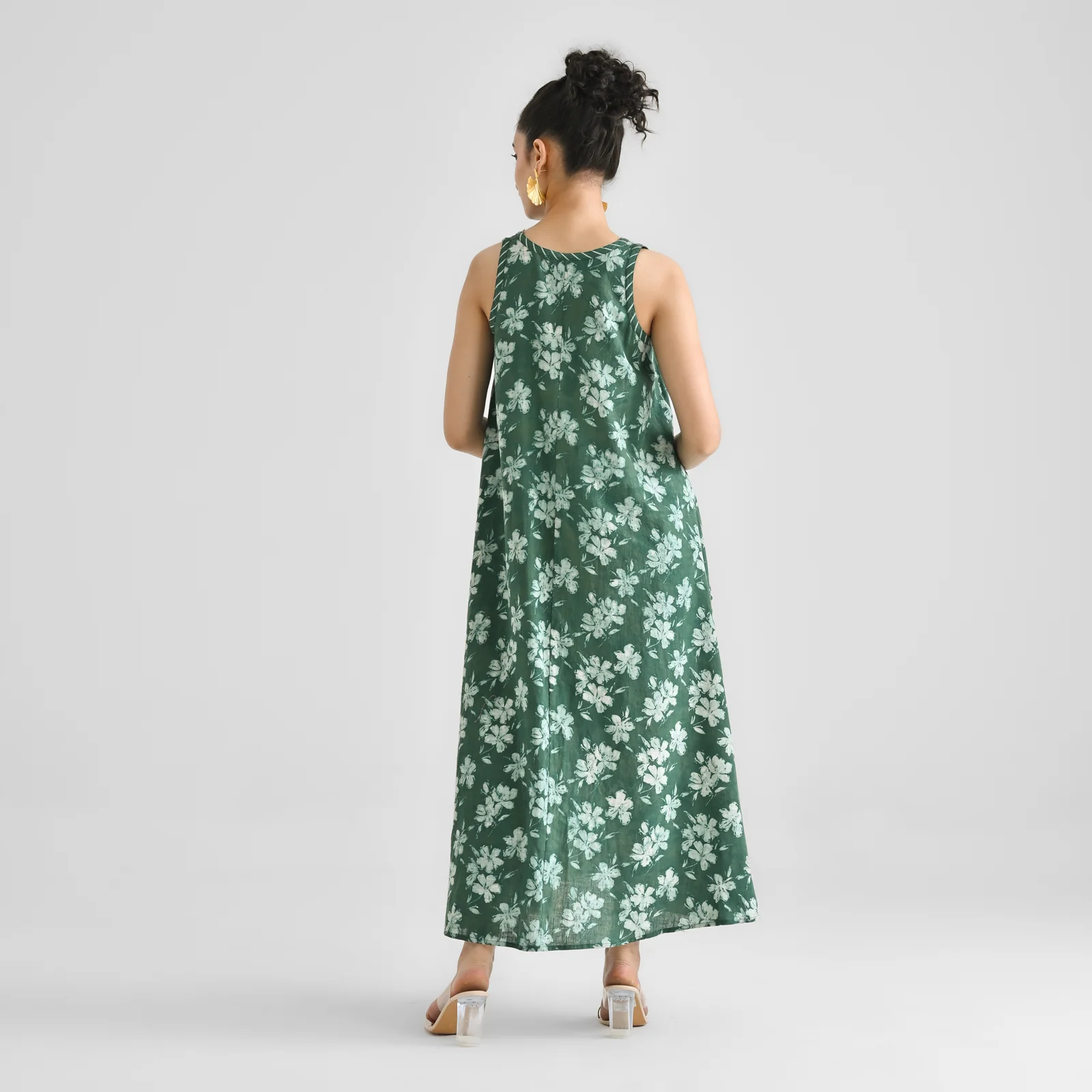 Moss Green Dabu Inspired Floral Sleeveless Dress with Neckline & Centre Front Detail - Image 8