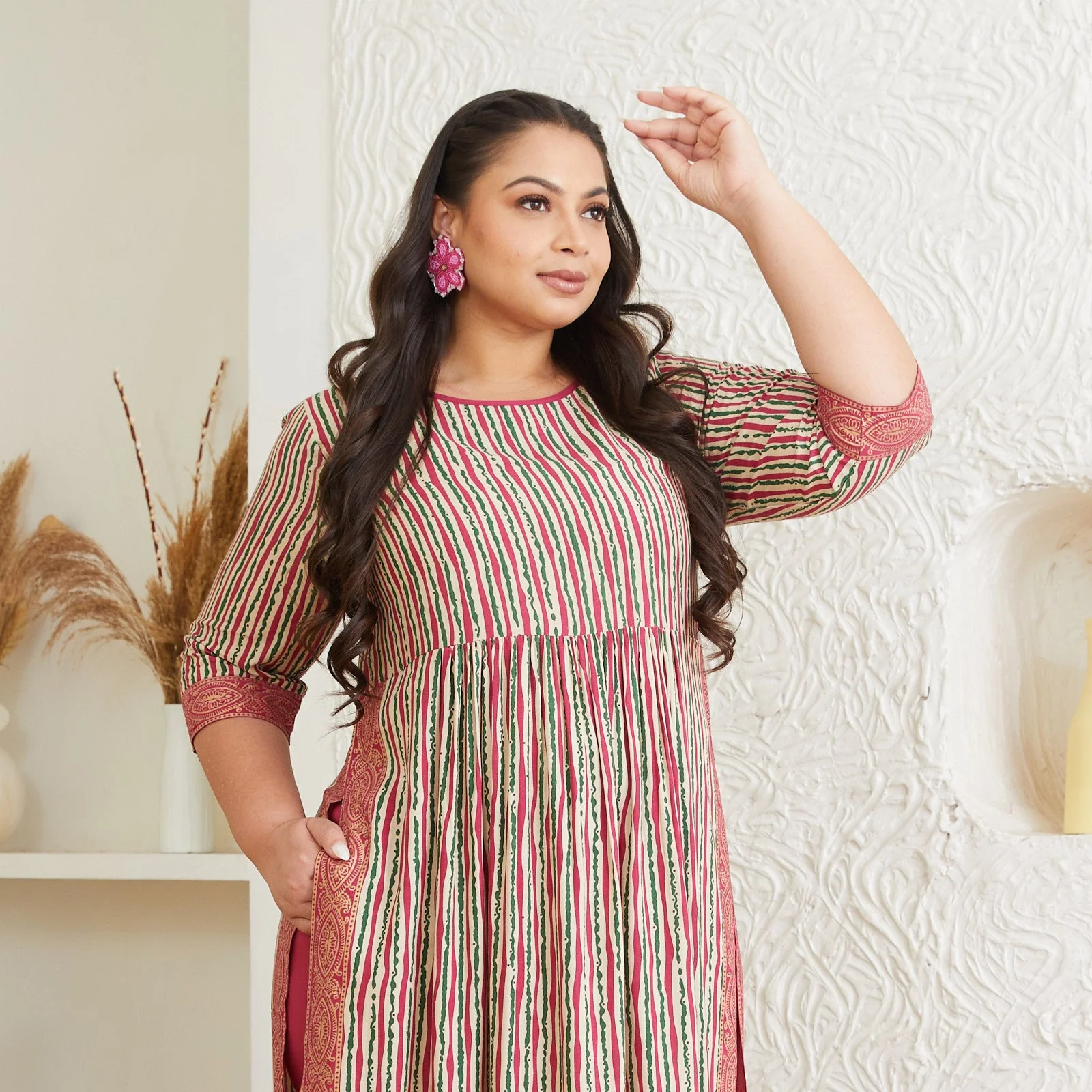 Multicolour Striped Front Gather Kurta Palazzo Co-ord Set - SOM - Image 3