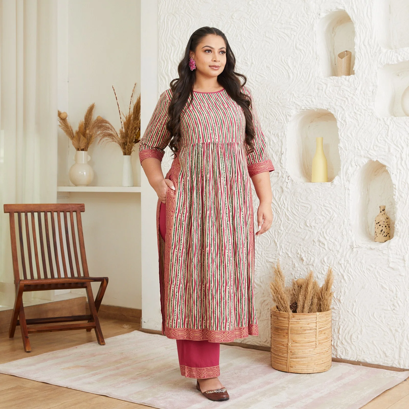 Multicolour Striped Front Gather Kurta Palazzo Co-ord Set - SOM - Image 4