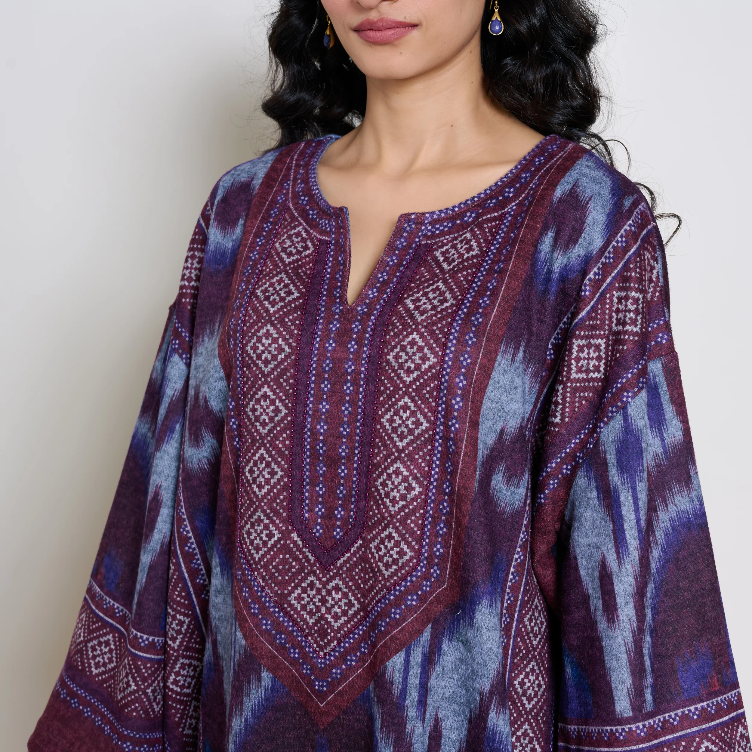 Murmur Woollen Hand Embroidered Long Kurta - Cherry Lacquer - Image 2