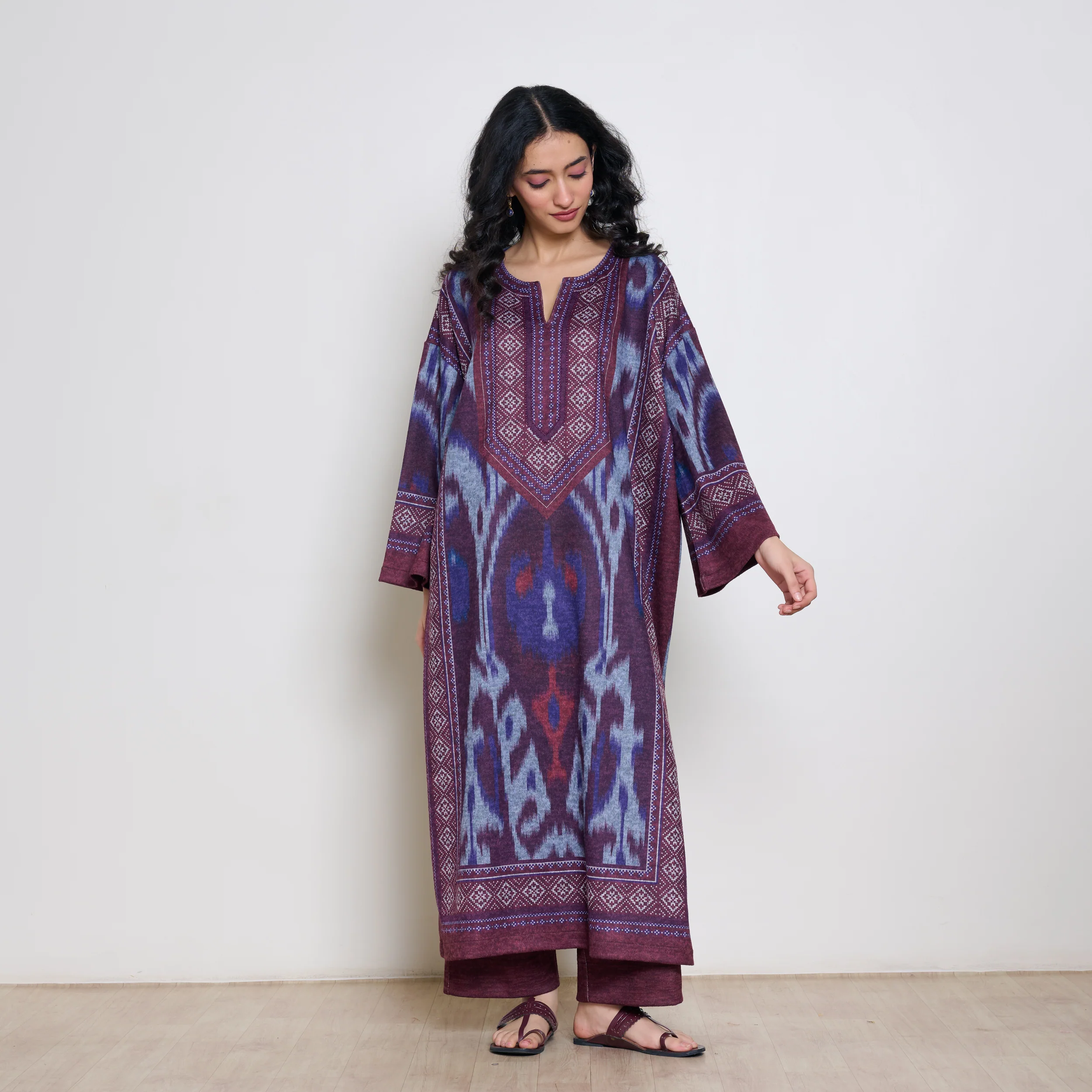 Murmur Woollen Hand Embroidered Long Kurta - Cherry Lacquer - Image 3