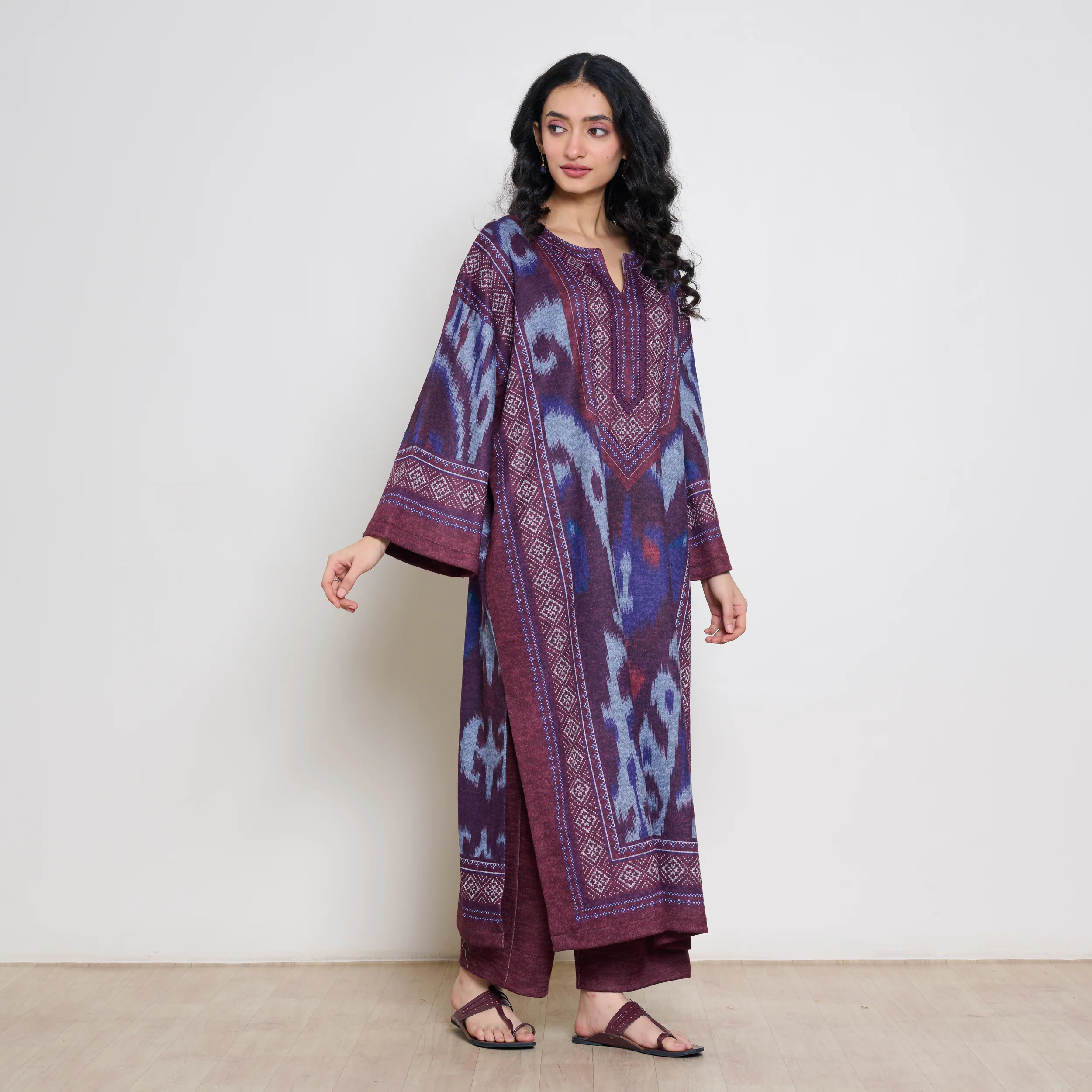 Murmur Woollen Hand Embroidered Long Kurta - Cherry Lacquer - Image 5