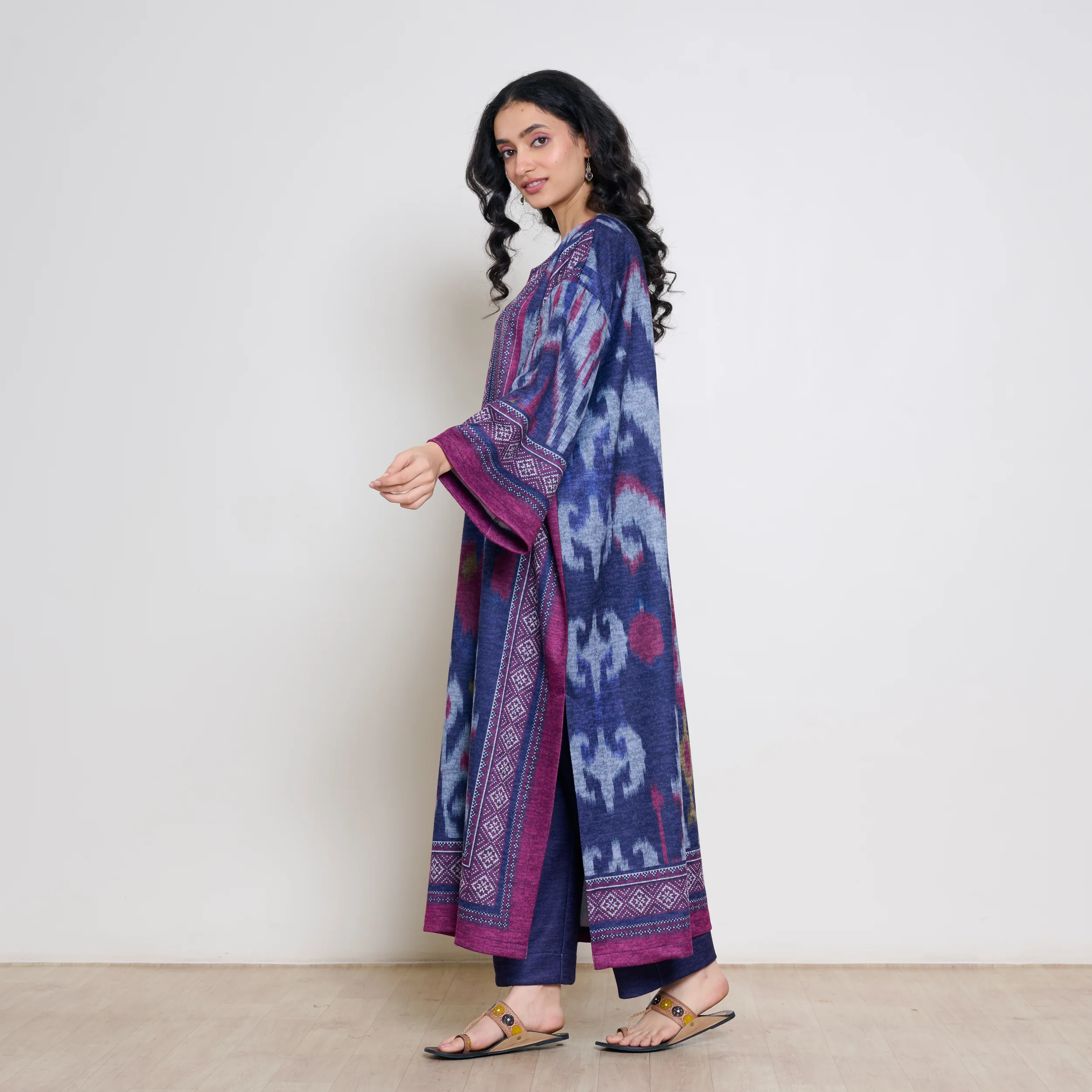 Murmur Woollen Hand Embroidered Long Kurta - Violet - Image 10