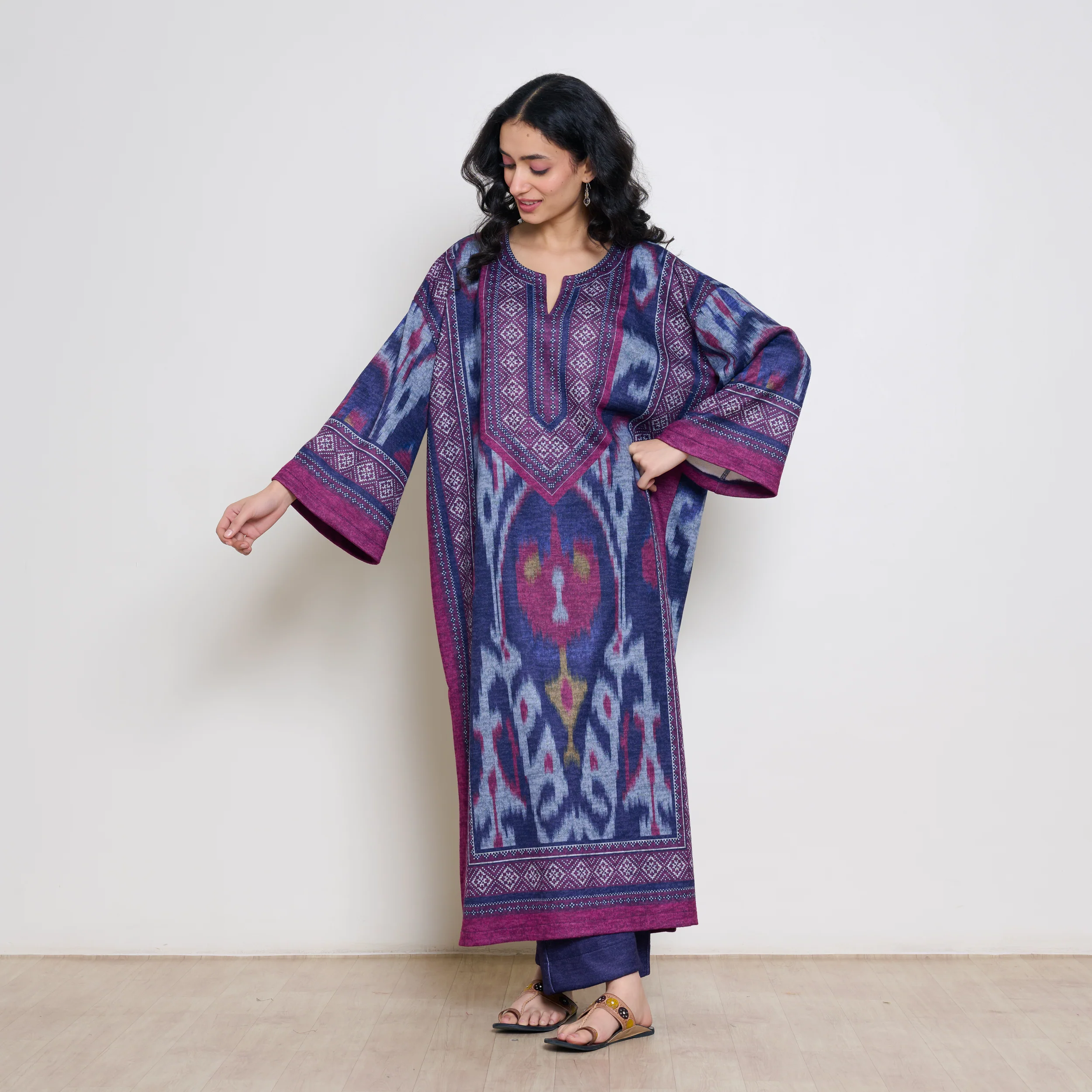 Murmur Woollen Hand Embroidered Long Kurta - Violet - Image 3