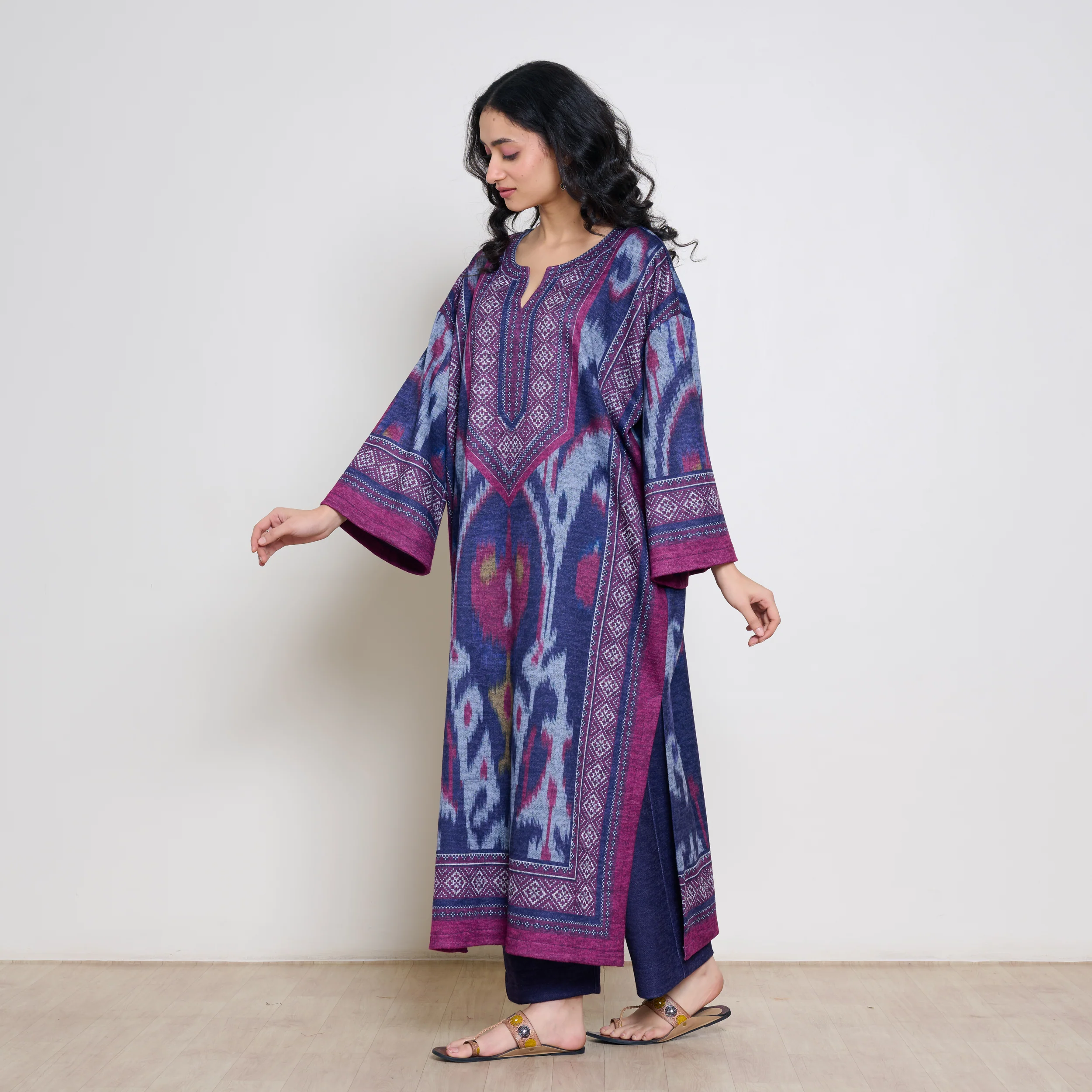 Murmur Woollen Hand Embroidered Long Kurta - Violet - Image 4