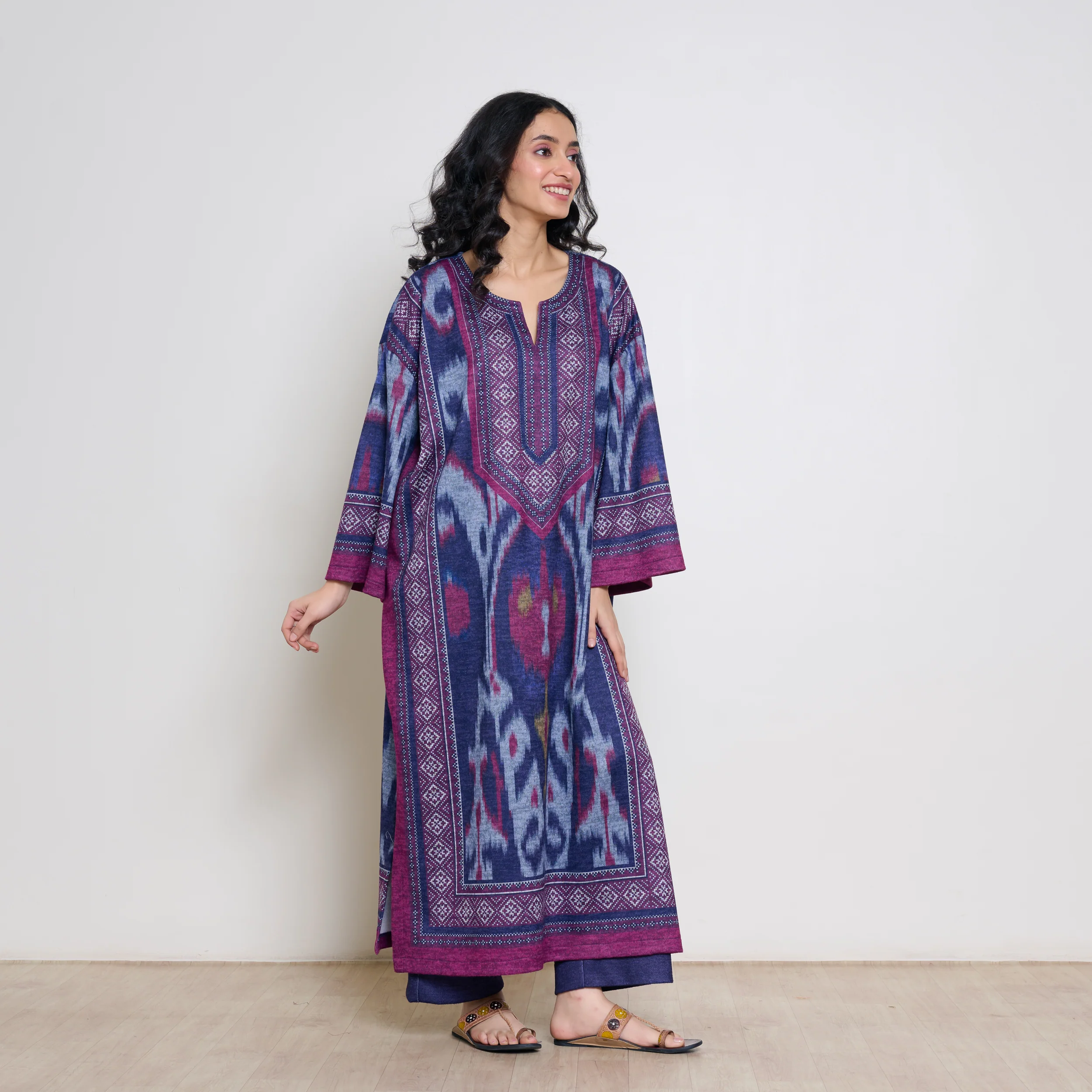 Murmur Woollen Hand Embroidered Long Kurta - Violet - Image 6