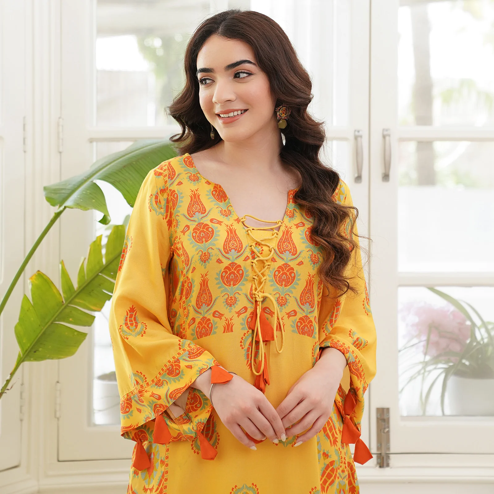Mustard Paneled Kurta Set with Tie Up Neck Details & Flared Sleeves - Image 2
