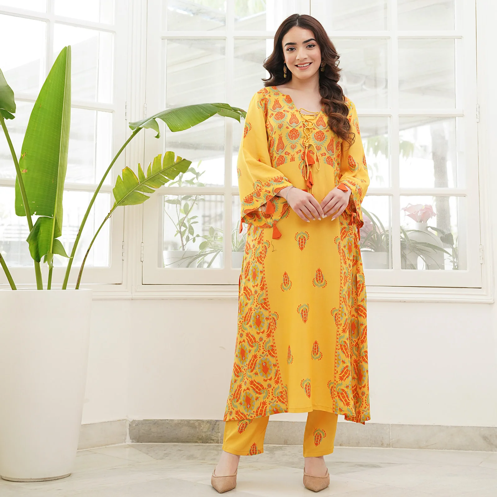Mustard Paneled Kurta Set with Tie Up Neck Details & Flared Sleeves - Image 3