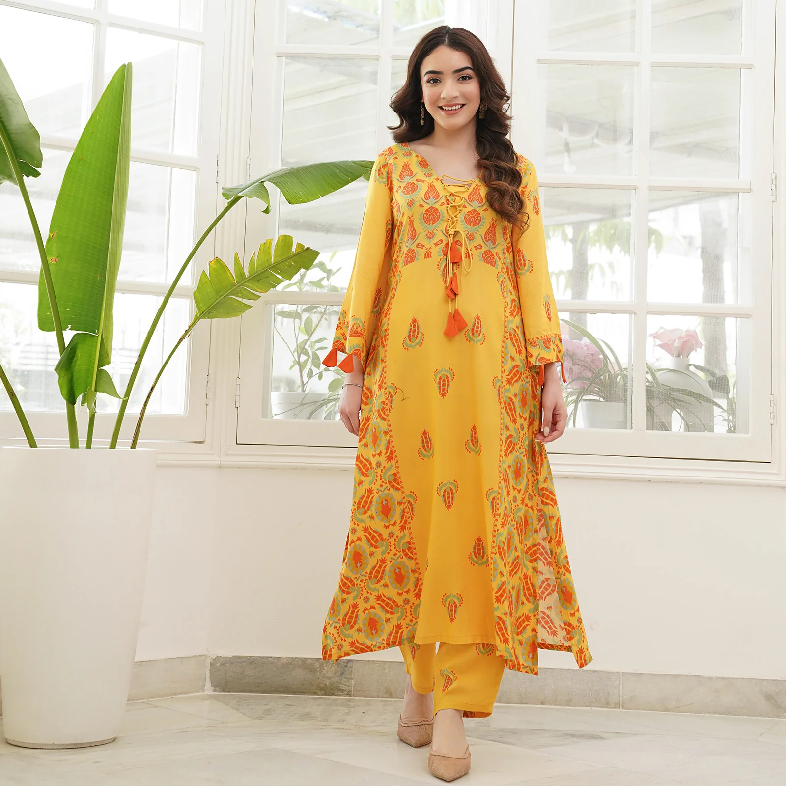 Mustard Paneled Kurta Set with Tie Up Neck Details & Flared Sleeves - Image 4