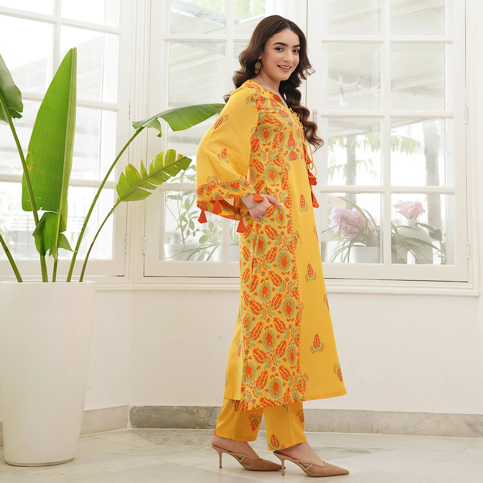 Mustard Paneled Kurta Set with Tie Up Neck Details & Flared Sleeves - Image 5