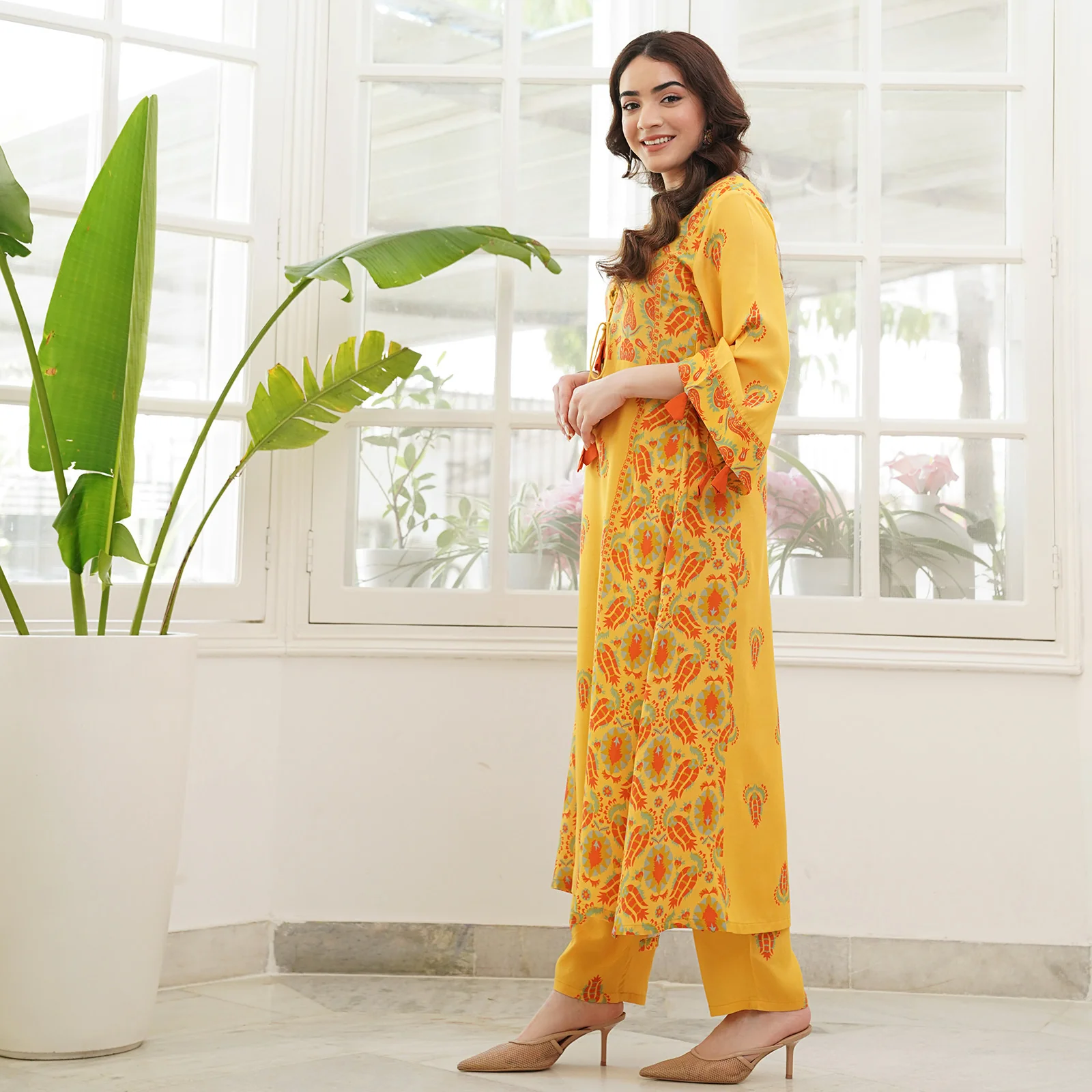 Mustard Paneled Kurta Set with Tie Up Neck Details & Flared Sleeves - Image 6