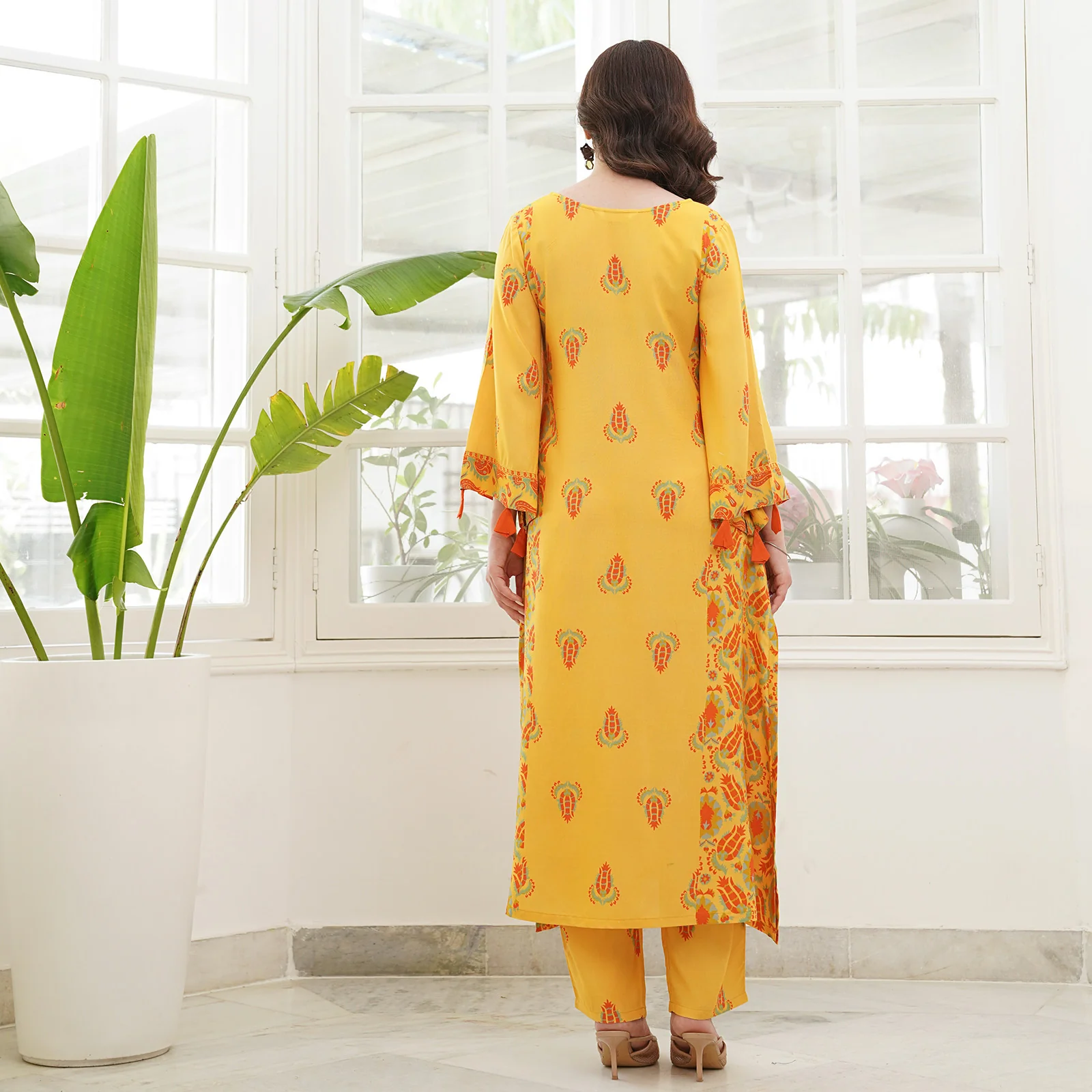 Mustard Paneled Kurta Set with Tie Up Neck Details & Flared Sleeves - Image 7