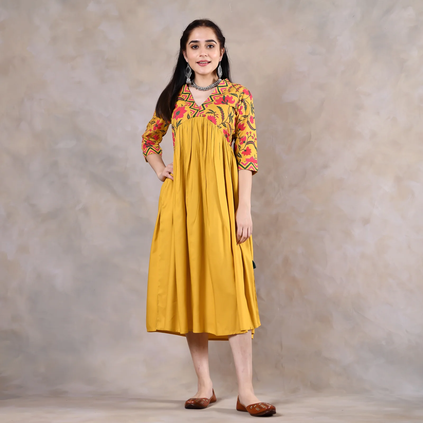 Mustard V Neck Alia Cut Gathered Dress with Tassels - Image 10