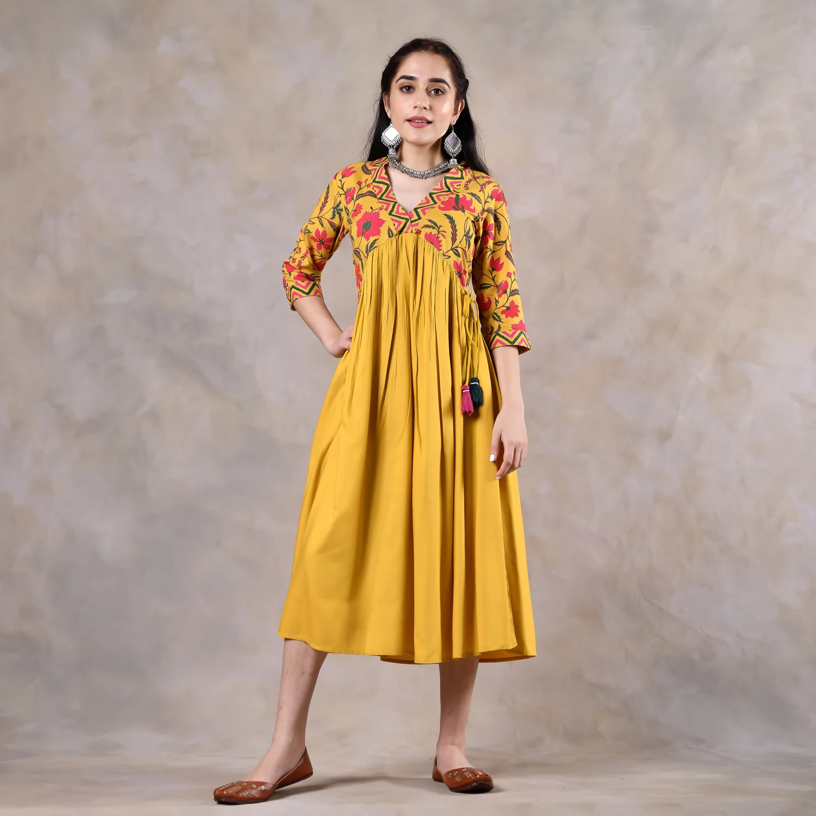 Mustard V Neck Alia Cut Gathered Dress with Tassels - Image 11