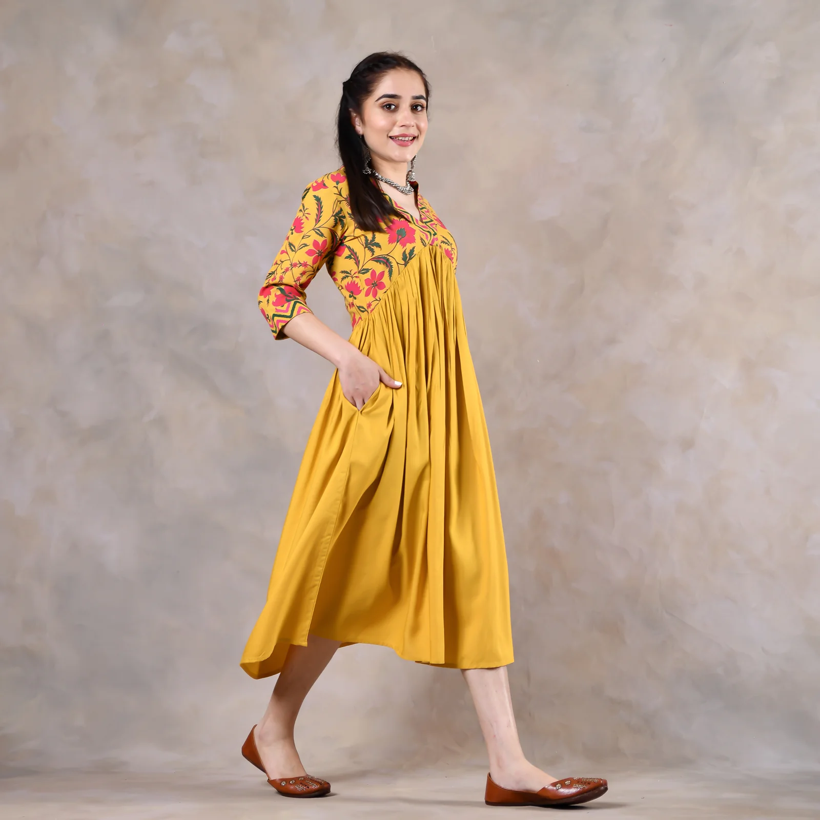 Mustard V Neck Alia Cut Gathered Dress with Tassels - Image 12