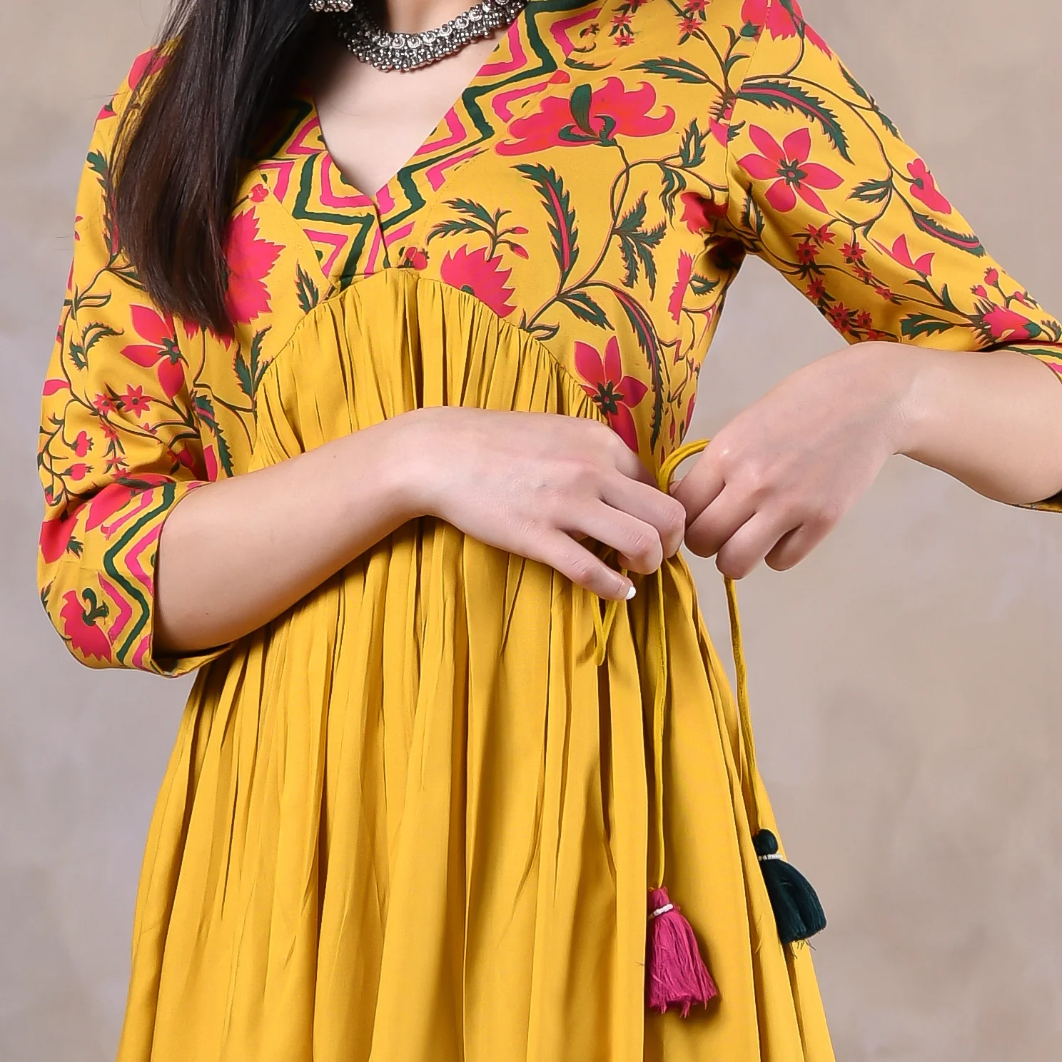 Mustard V Neck Alia Cut Gathered Dress with Tassels - Image 13