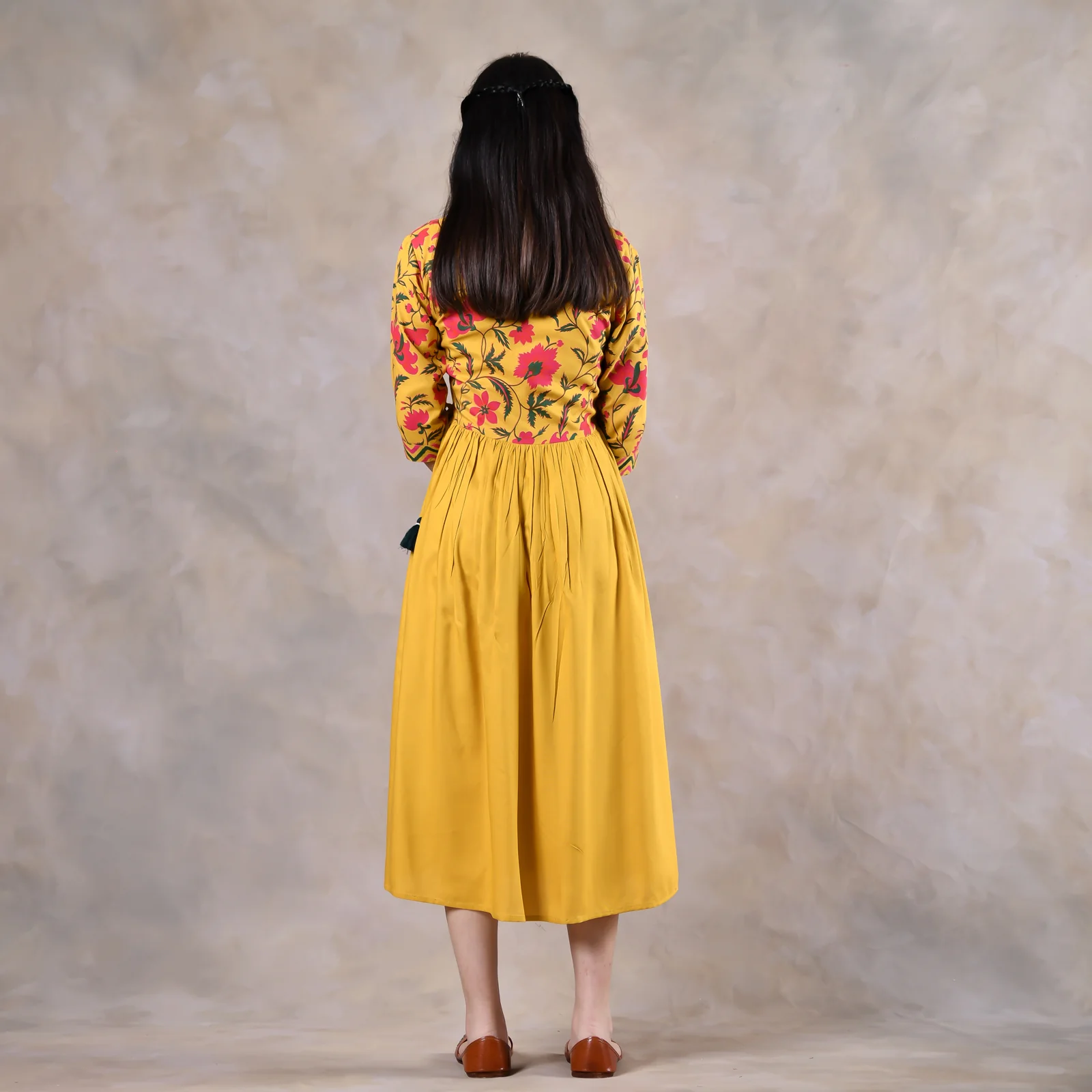 Mustard V Neck Alia Cut Gathered Dress with Tassels - Image 14