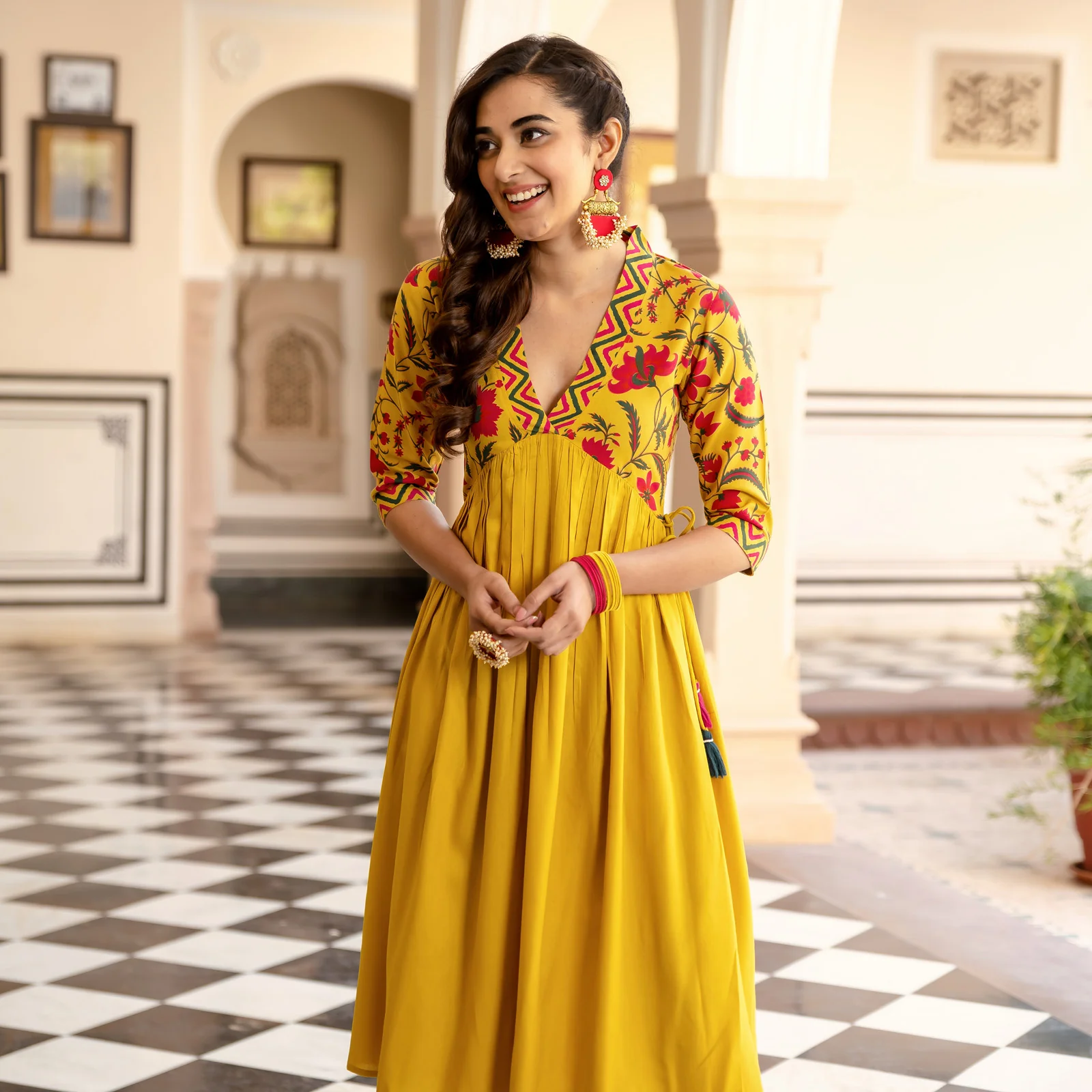 Mustard V Neck Alia Cut Gathered Dress with Tassels - Image 3