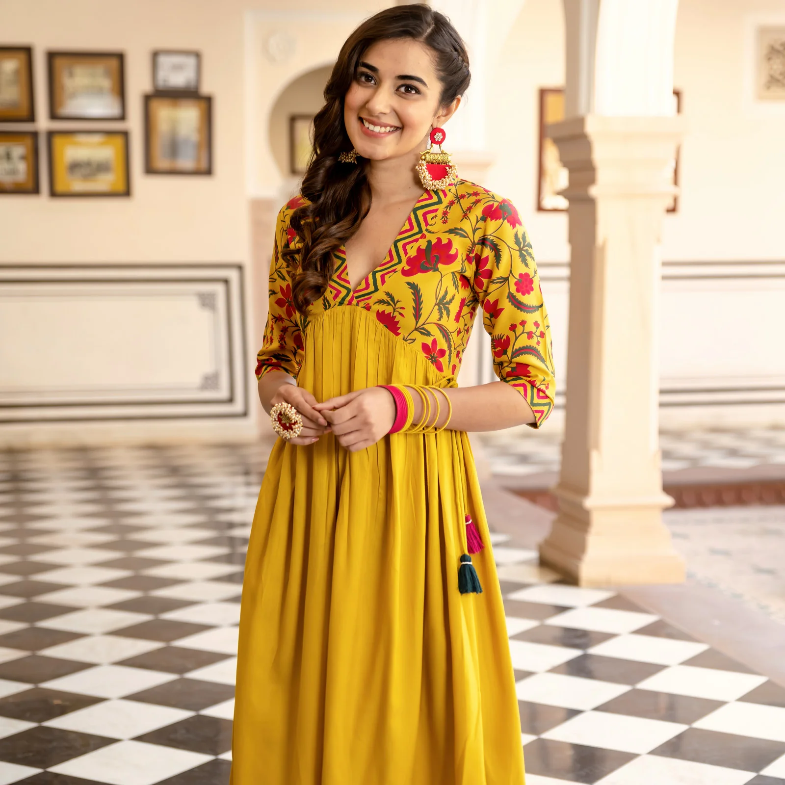 Mustard V Neck Alia Cut Gathered Dress with Tassels - Image 4