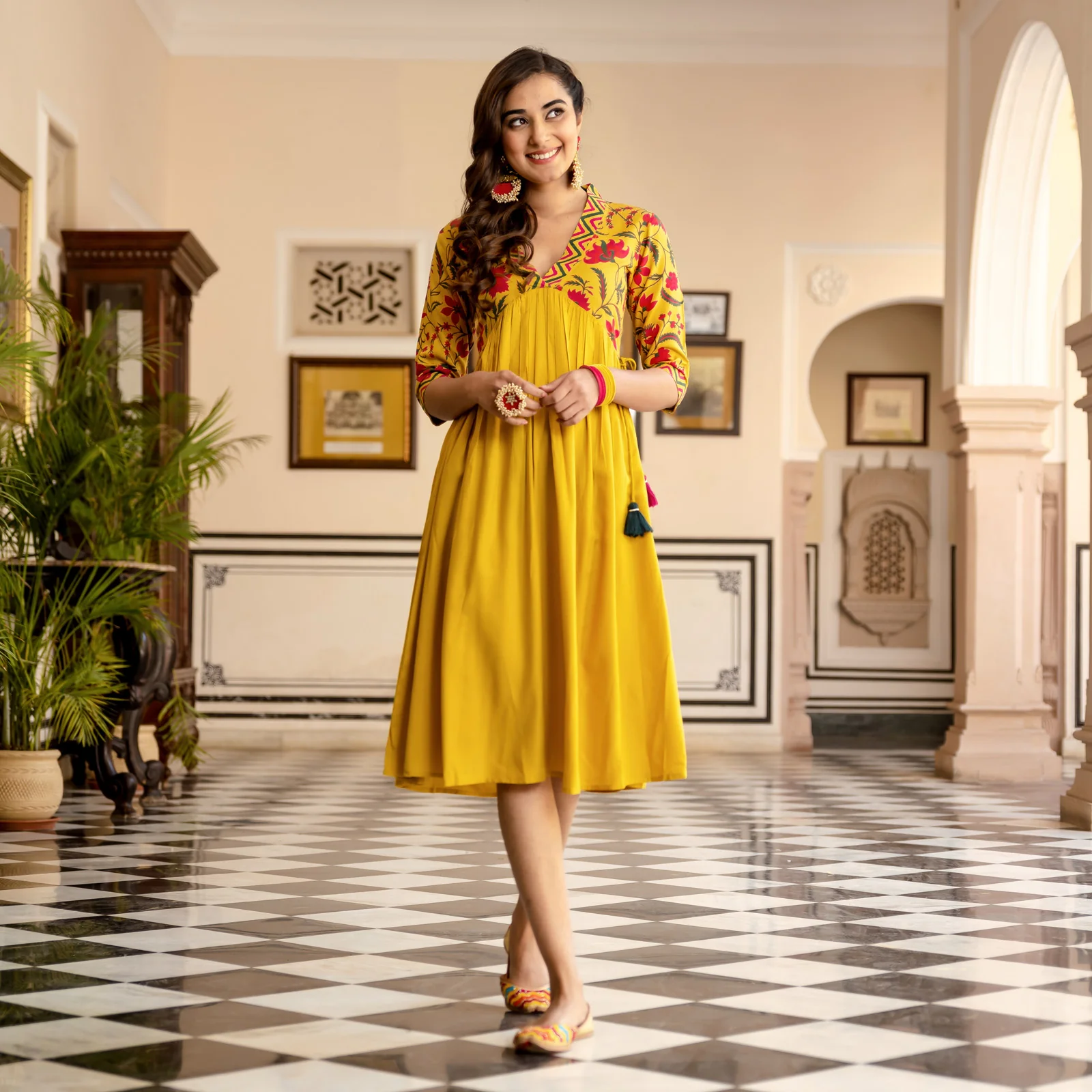 Mustard V Neck Alia Cut Gathered Dress with Tassels - Image 5