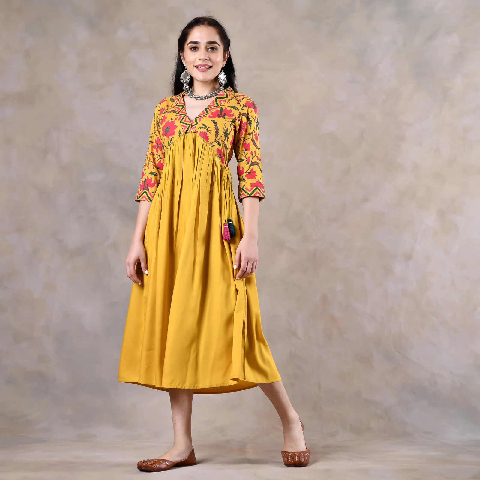 Mustard V Neck Alia Cut Gathered Dress with Tassels - Image 6