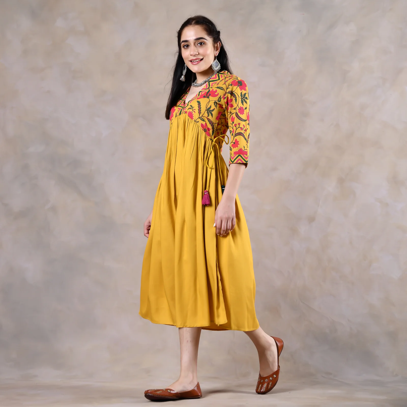 Mustard V Neck Alia Cut Gathered Dress with Tassels - Image 7