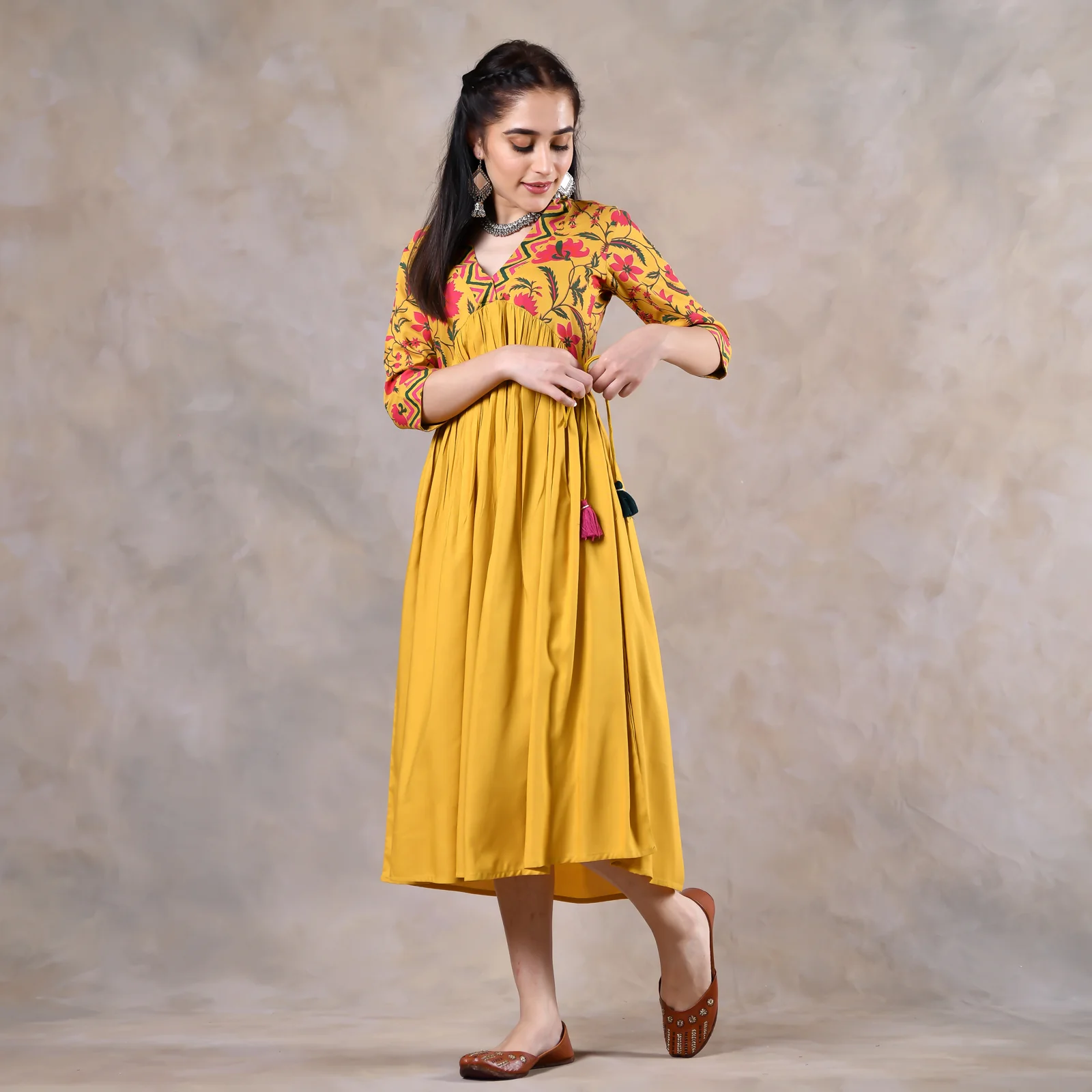 Mustard V Neck Alia Cut Gathered Dress with Tassels - Image 8