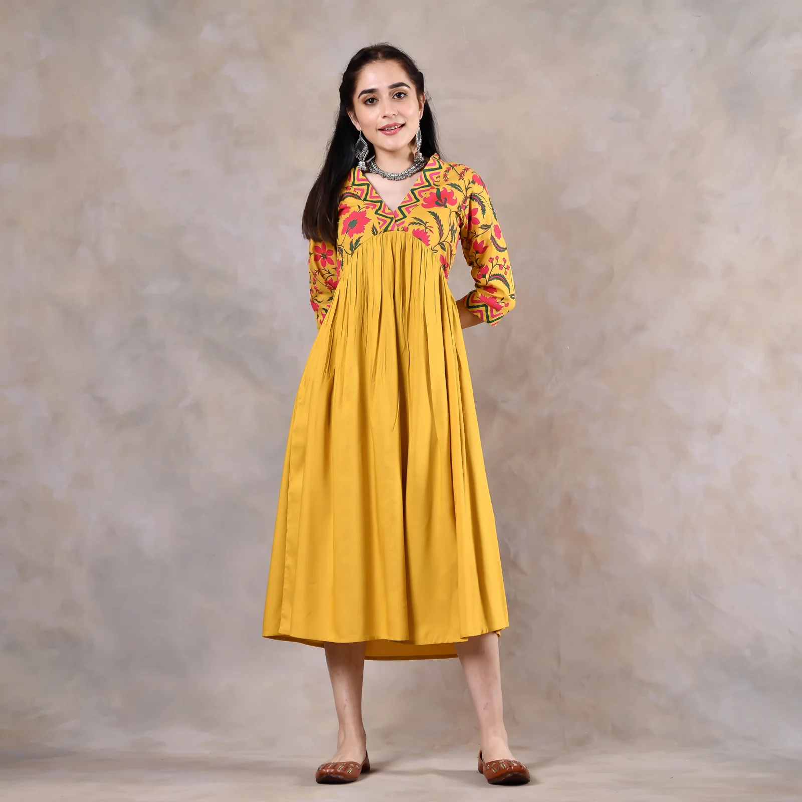 Mustard V Neck Alia Cut Gathered Dress with Tassels - Image 9