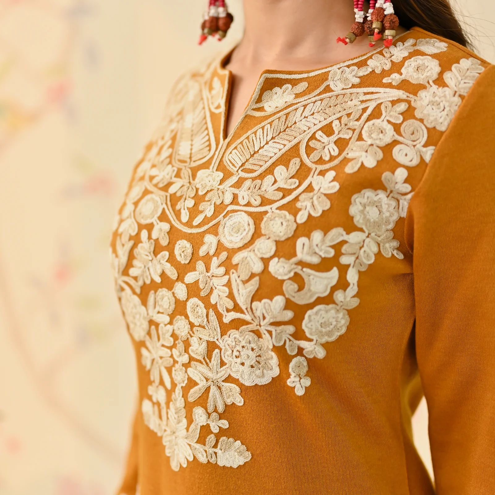 Mustard Woollen Embroidered Kurta - Image 2