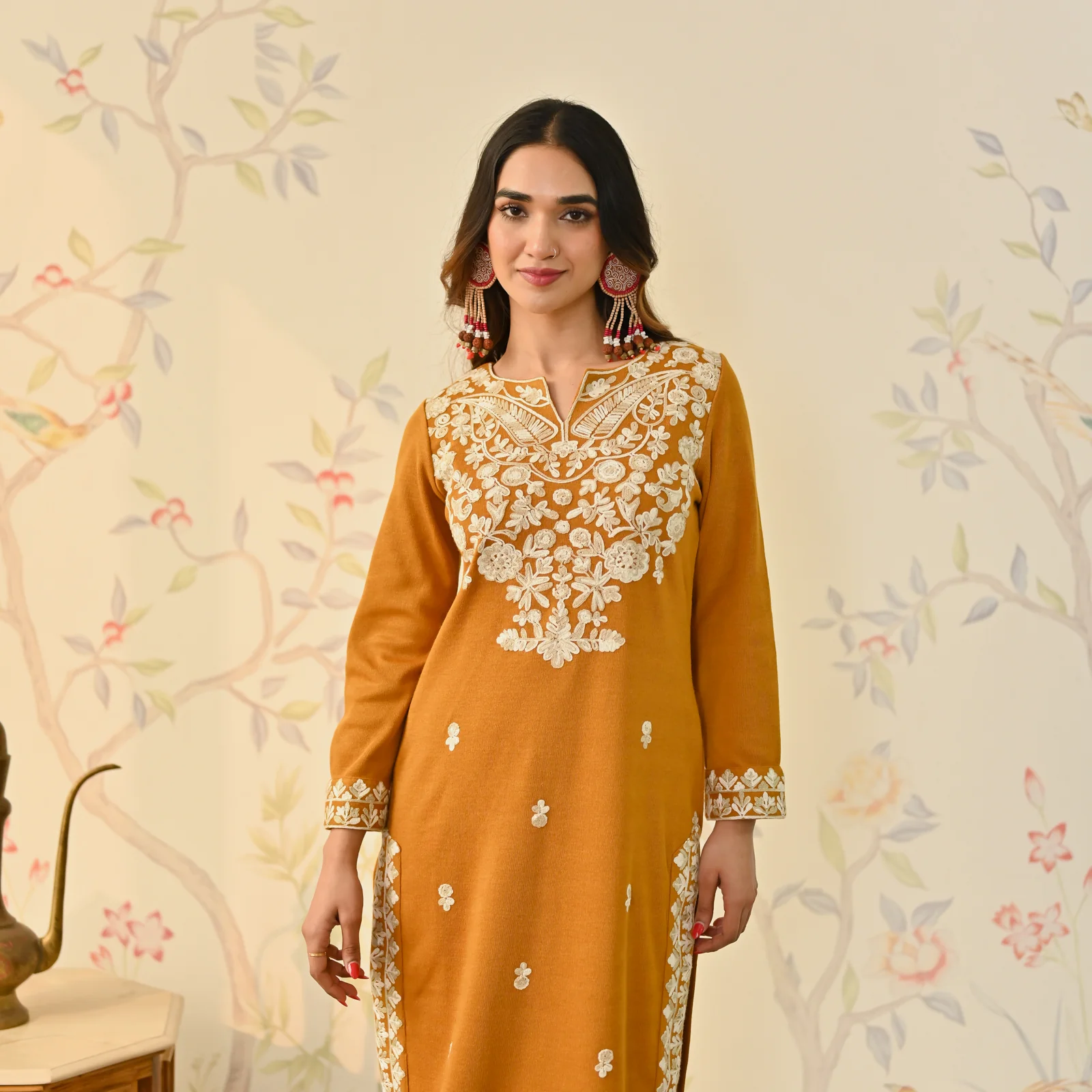 Mustard Woollen Embroidered Kurta - Image 3