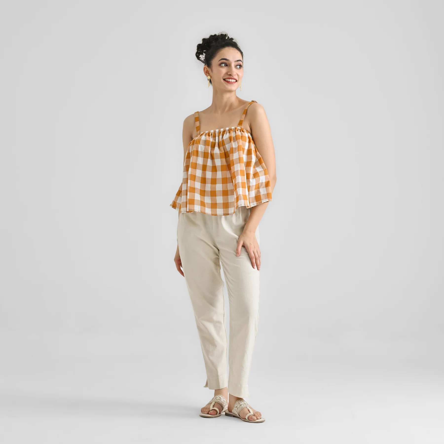 Mustard Woven Cotton Crop Top with Adjustable Strap Detail - Image 3