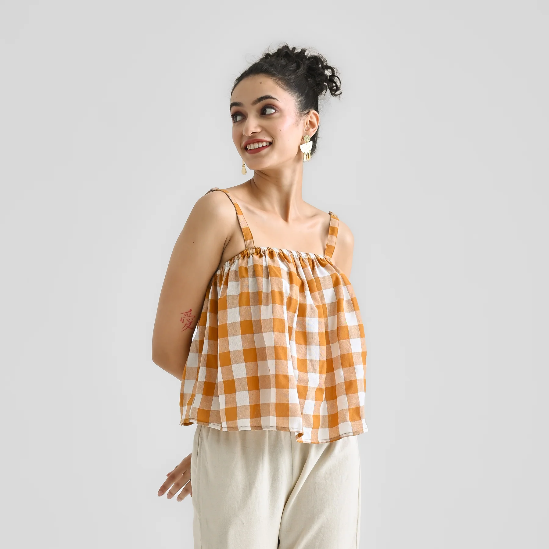 Mustard Woven Cotton Crop Top with Adjustable Strap Detail - Image 4