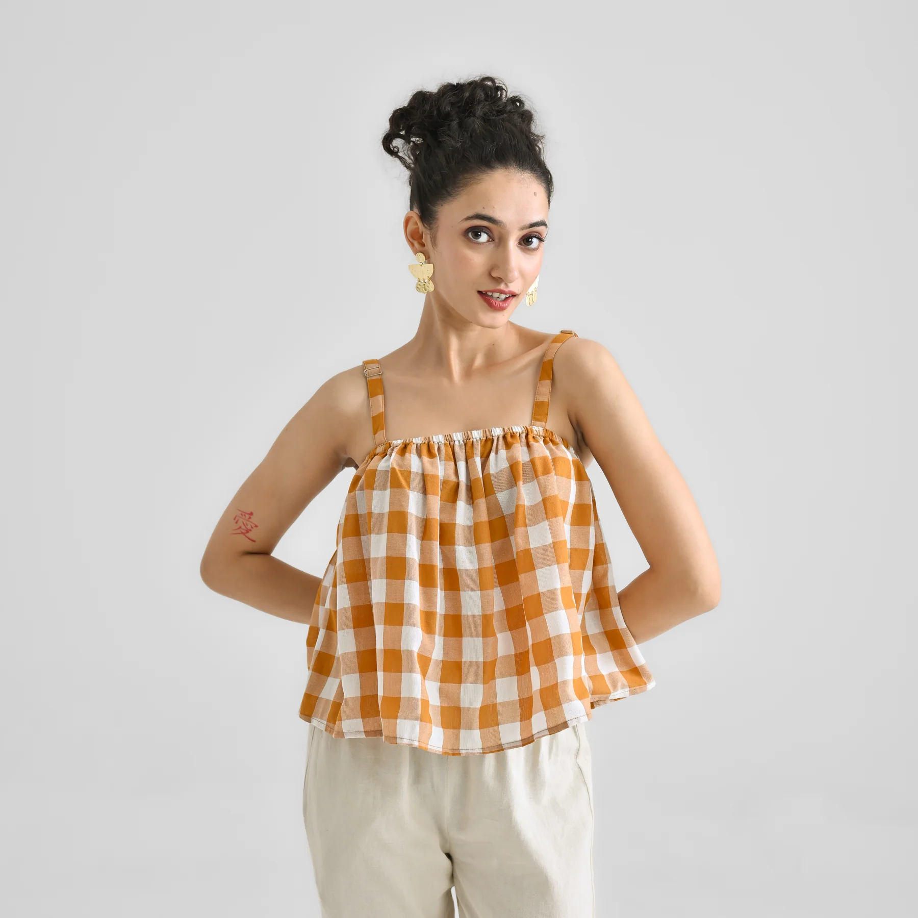 Mustard Woven Cotton Crop Top with Adjustable Strap Detail - Image 5