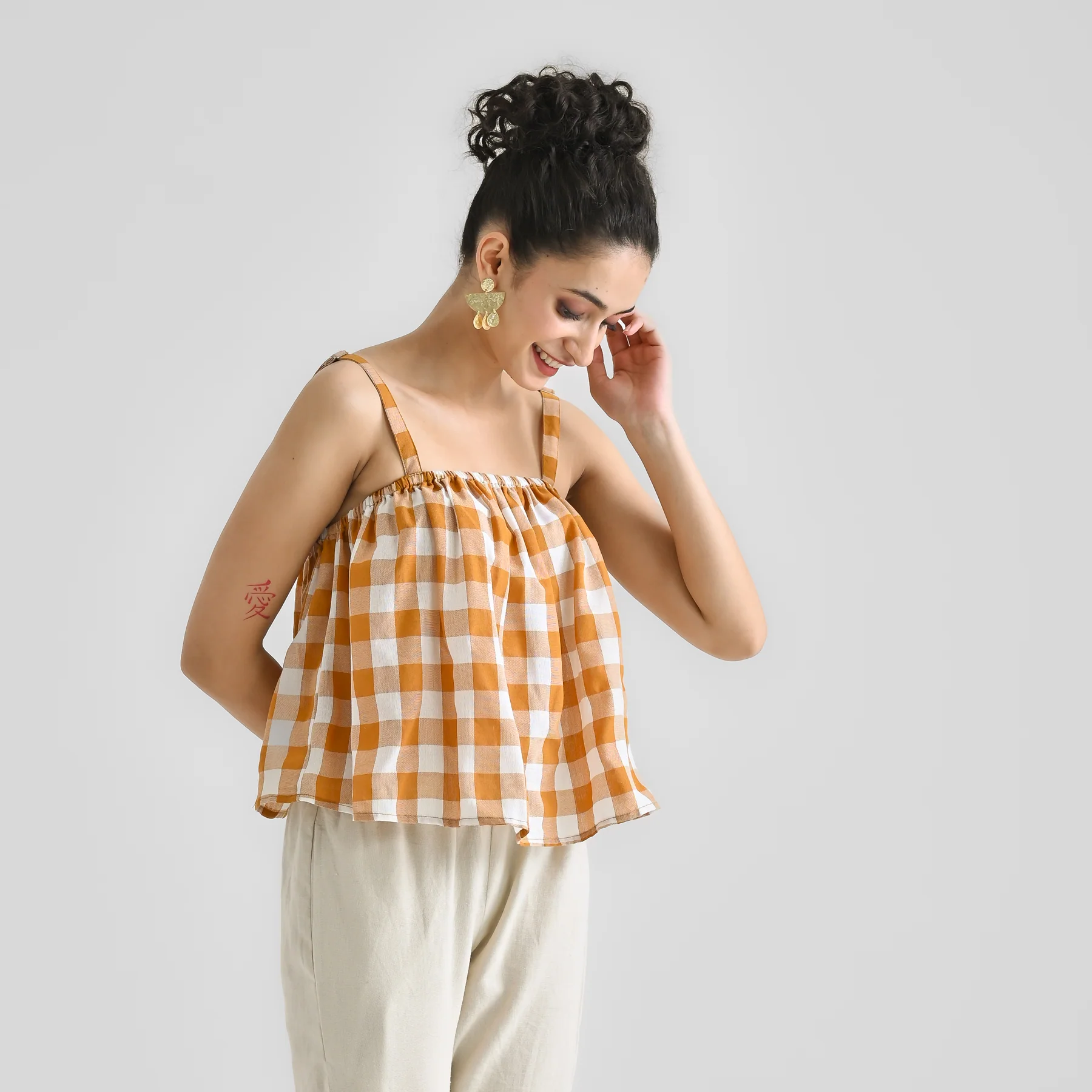 Mustard Woven Cotton Crop Top with Adjustable Strap Detail - Image 6